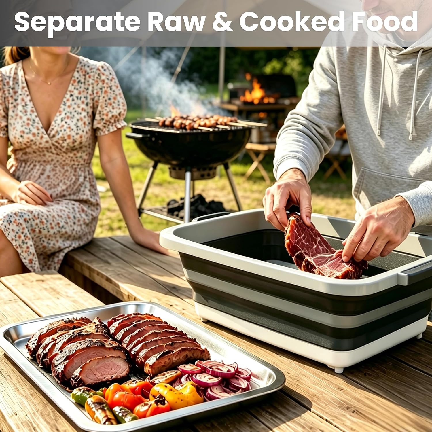 16L Collapsible BBQ Prep Tub Set with Lid, Tray, Tongs & Brush | Prep, Marinate, Carry, Grill & Serve Food in One Organized BBQ System - Image 3