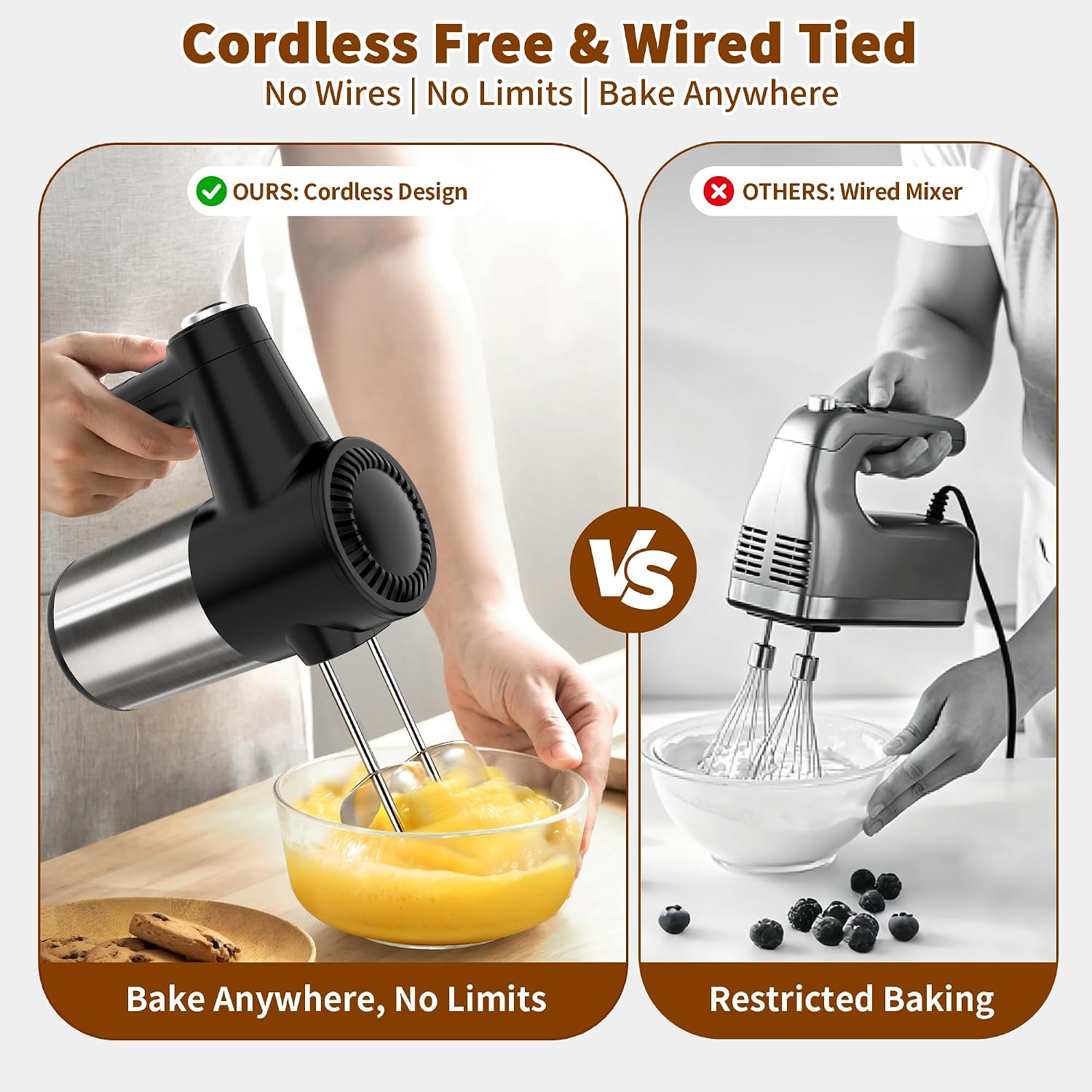 Cordless Electric Hand Mixer, 7 Speed Rechargeable Wireless Handheld Mixer with Eject Button, Long Battery, Quiet Anti-Splash, 6×304 Stainless Steel Attachments & Storage Base for Baking (Black) - Image 2