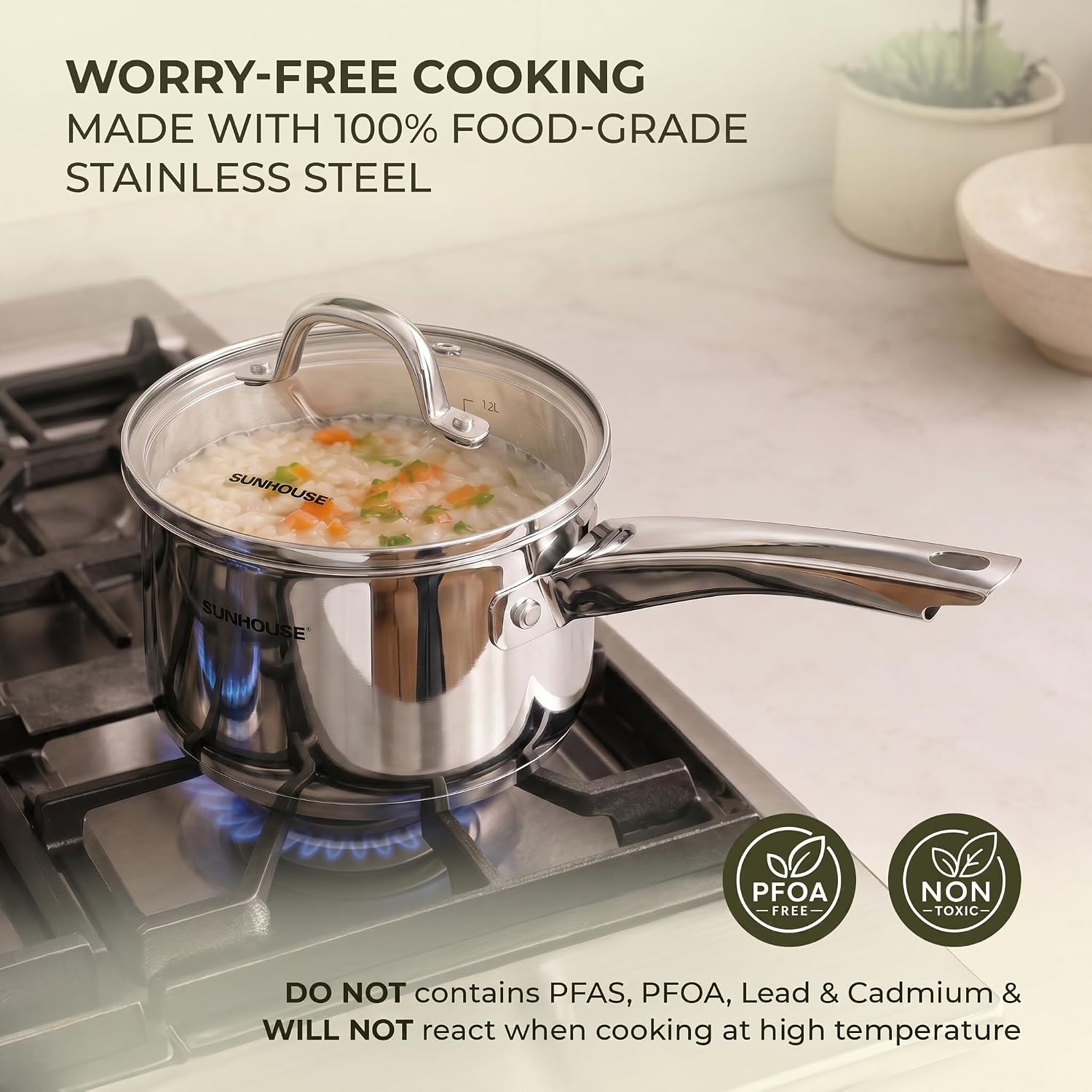 Sunhouse 1.5 QT Stainless Steel Sauce Pan with Lid, Small Pot for Cooking, PFOA-Free, Advanced Impact Bonding Induction Base Mini Saucepan, Compatible with Induction, Ceramic, Gas - Image 4