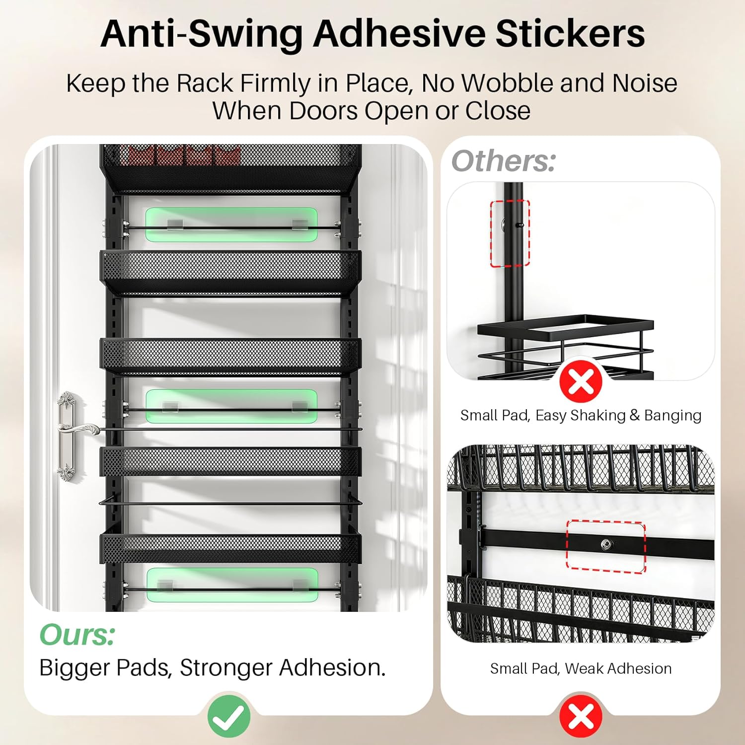 SNTD 8 Tiers Over the Door Organizer - Height Adjustable Pantry Organizers and Storage with Dense Mesh Baskets, Anti-Swing Hanging Door Spice Rack for Kitchen Bathroom (Black, 17" W x 6" D x 69" H) - Image 6