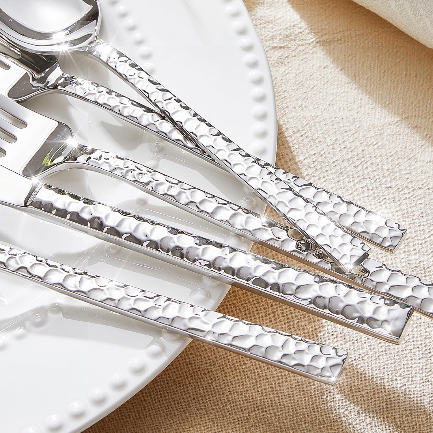 KINGSTONE 40 Piece Hammered Silverware Set, 18/10 Stainless Steel Flatware Set for 8, Cutlery Set for Home, Party, Wedding, Mirror Polished Dishwasher Safe - Image 3