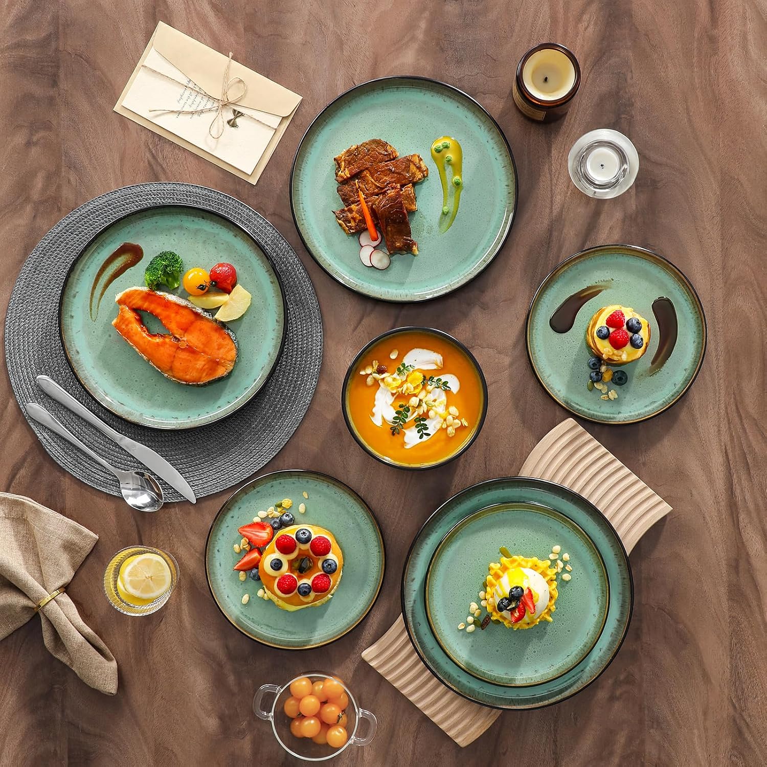 vancasso Plates and Bowls Sets, 24 Pieces Stoneware Dinnerware Sets for 8, Kitchen Dish Set Mircowave and Dishwasher Safe Ceramic Dishware, Turf Green, Series AMBER - Image 2