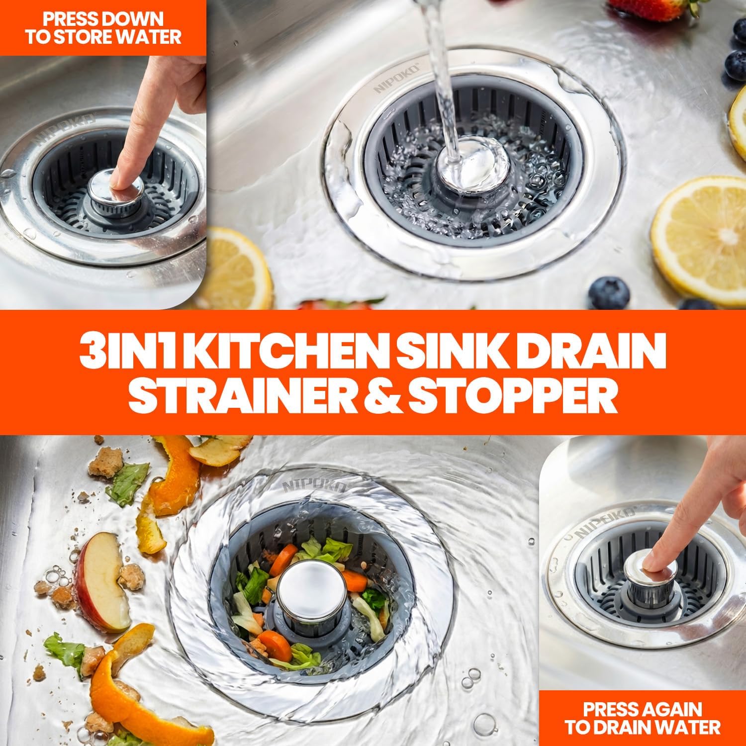 2 Pack Sink Drain Strainer - Sink Stopper, 3 in 1 Stainless Steel Kitchen Drain Plug with Deep Anti-Clog Basket and Odor-Blocking Seal, Pop-Up Design Fits Standard 3-1/2 Inch Sink - Image 2