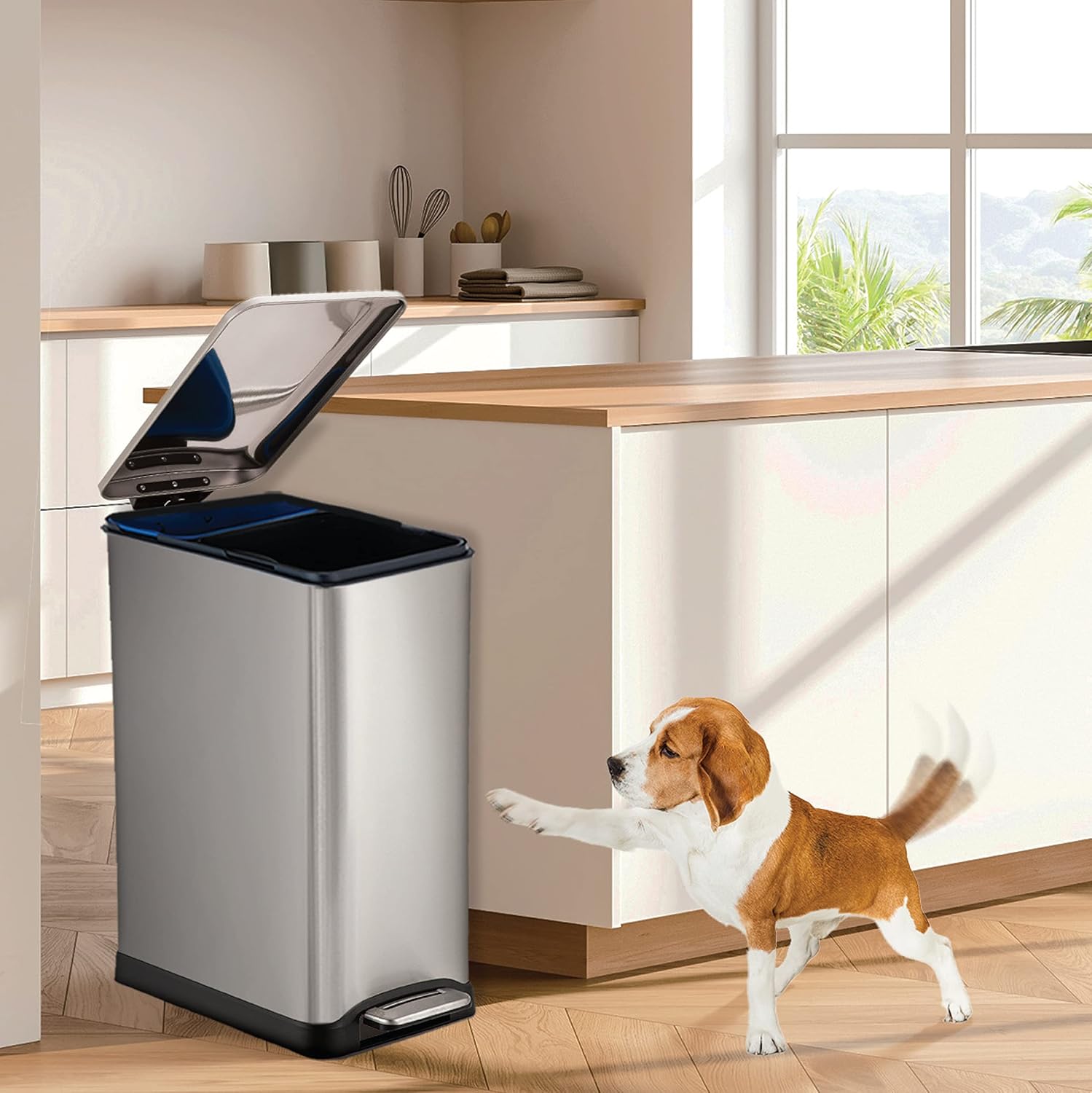 Home Zone Living 13 Gallon Kitchen Trash Can with Dual Compartments | Stainless Steel with Slim Fit Design, Soft-Close Step Pedal Lid for Recycling and Bag Tuck Band, Silver - Image 9