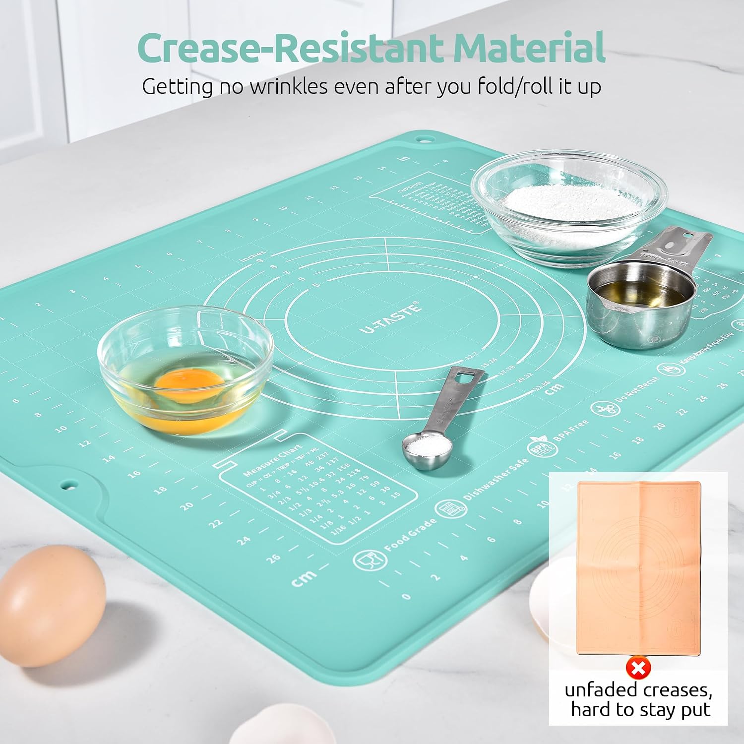 U-Taste Liquid Silicone Pastry Mat: 16"x20" Food-Grade Non-Stick Dough Rolling Baking Sheet, Non Slip for Kneading, Making Pizza, Fondant, Pie Crust with Clear Measurement and Raised Edges (Aqua Sky) - Image 4