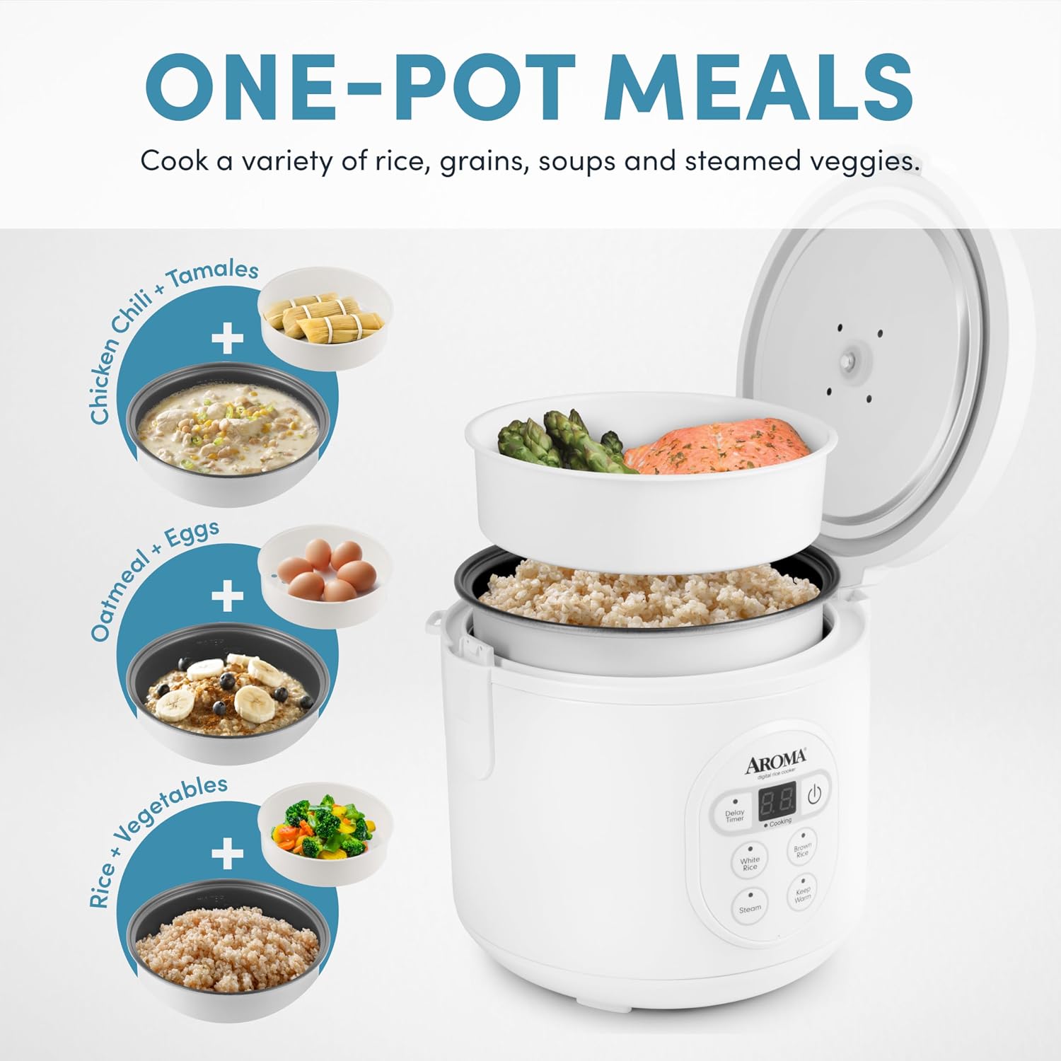 Aroma Housewares 8-Cup (Cooked) (4-Cup UNCOOKED) Digital Rice Cooker and Food Steamer (ARC-914D),White - Image 2