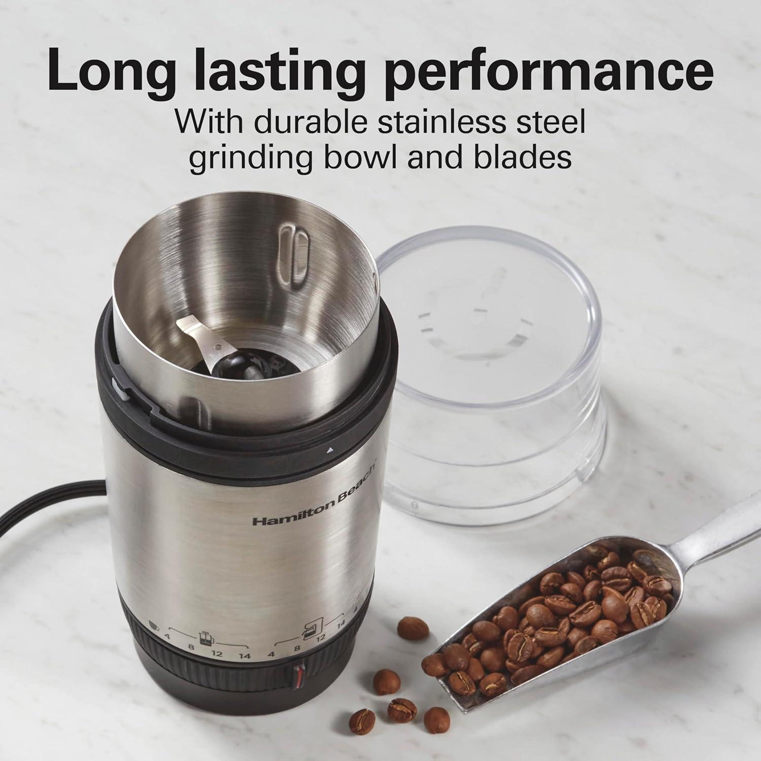Hamilton Beach Custom Grind Electric Coffee Grinder for 4-14 Cups, One-Press Hand-Free Operation with Auto Shutoff, Removable Grinding Bowl For Easy Pour and Clean, Stainless Steel (80406) - Image 5