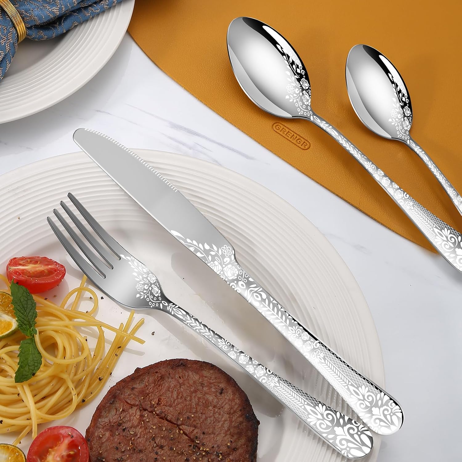 40 Piece Silverware Set, Stainless Steel Flatware Cutlery Set Service for 8, Mirror Polished Tableware Eating Utensils Set for Home Kitchen, Include Knife Fork Spoon Set, Dishwasher Safe - Image 5