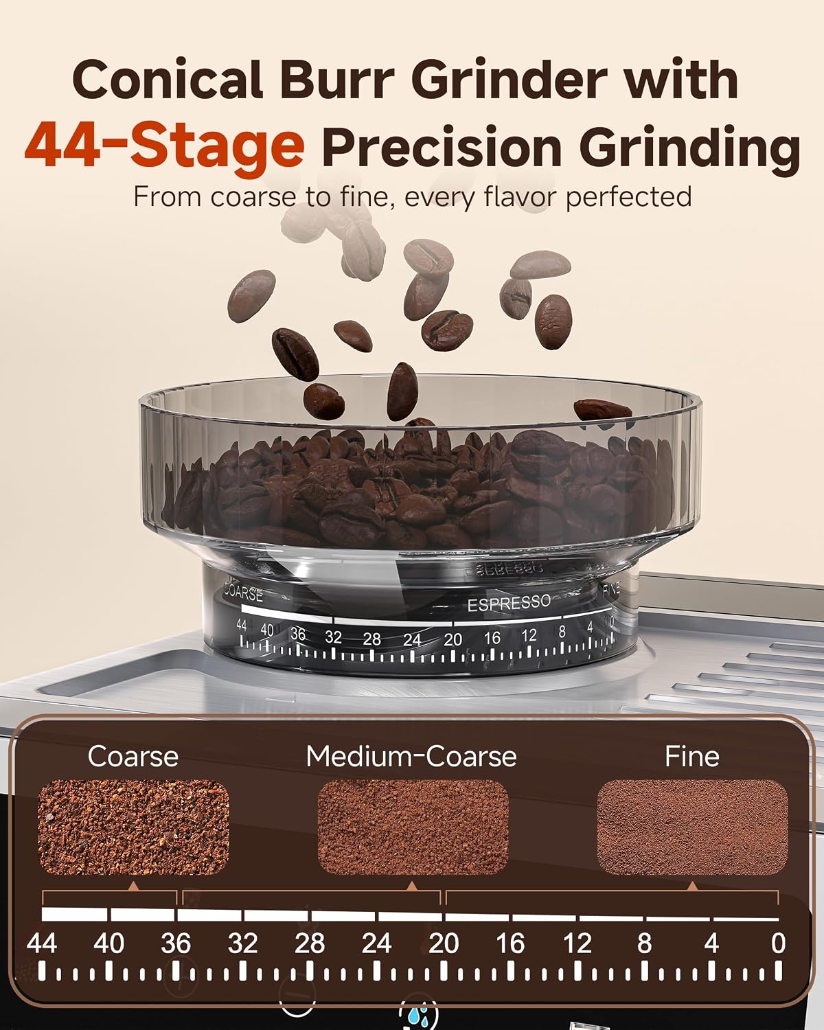 AMZCHEF Espresso Machine With Grinder, 190℉-201℉ Temp Control Coffee machine with 44 Grind Setting, Milk Frother, Touch Screen, Cold Brew, Sliver - Image 2