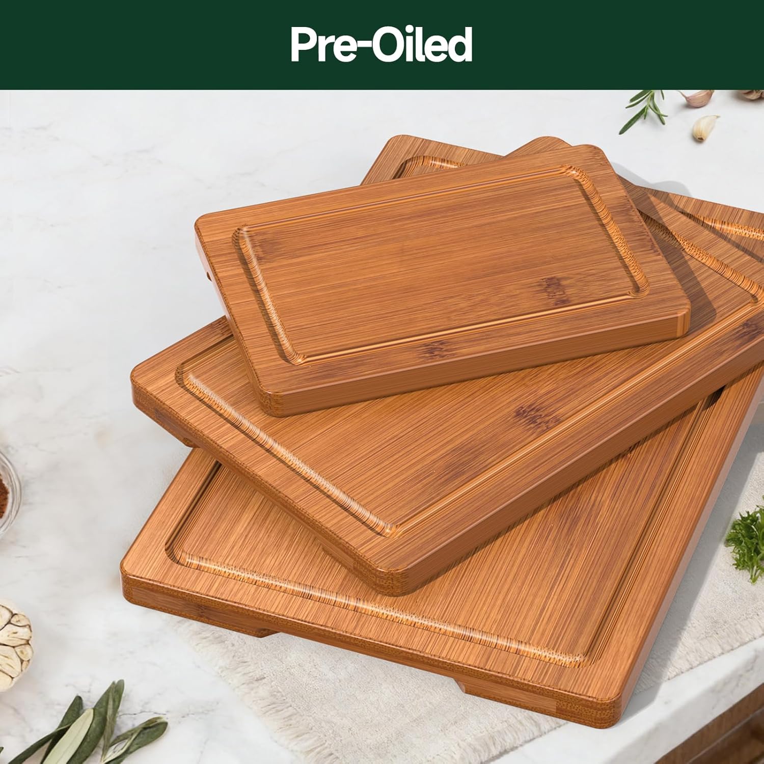 3-Piece Set Deep-Carbonized Bamboo Cutting Board for Kitchen - Crack-Resistant Wood Chopping Boards with Deep Juice Grooves, Pre-Oiled Butcher Block for Meat, Vegetables & Cheese, Carbonized - Image 6
