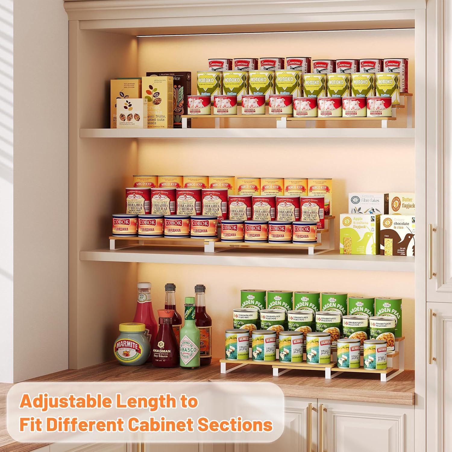 Expandable Can Organizer for Pantry, 3-Tier Adjustable Bamboo & Iron Can Rack for Cabinets, Easy-Access Storage for Canned Goods, Holds Up to 30 Soda & Soup Cans, White - Image 2