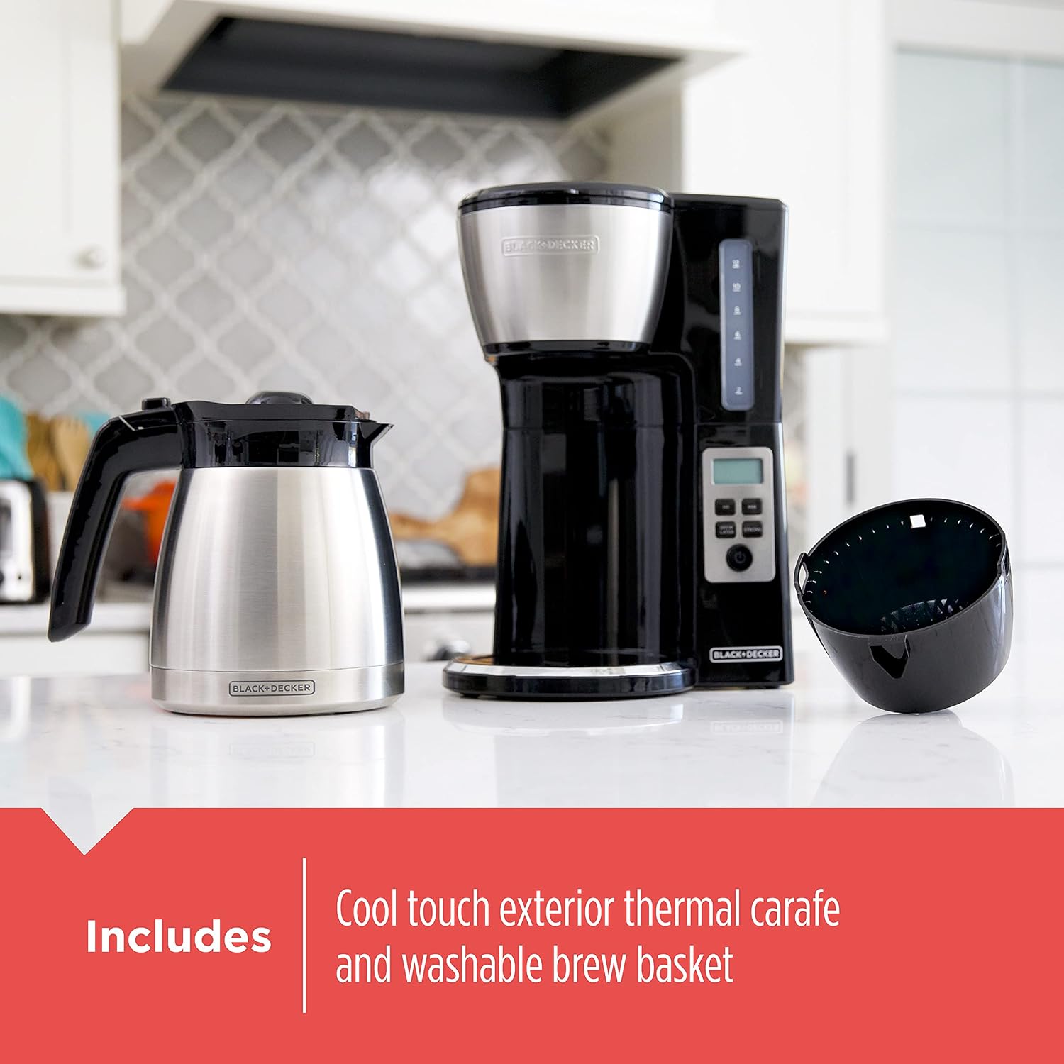 BLACK+DECKER 12 Cup Thermal Programmable Coffee Maker with Brew Strength and VORTEX Technology, Black/Steel, CM2046S - Image 6