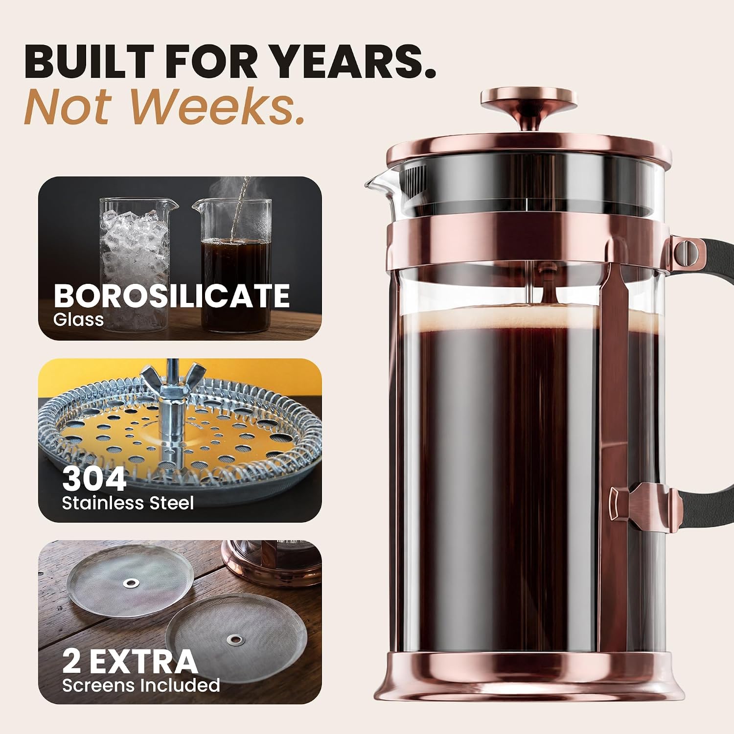 EzDtach Glass French Press Coffee Maker 34oz Copper – Double Filter Borosilicate Glass Pot with 304 Stainless Steel Coffee Press and 2 Extra Screen, Easy to Use and Clean Design for Full-Bodied Flavor - Image 6
