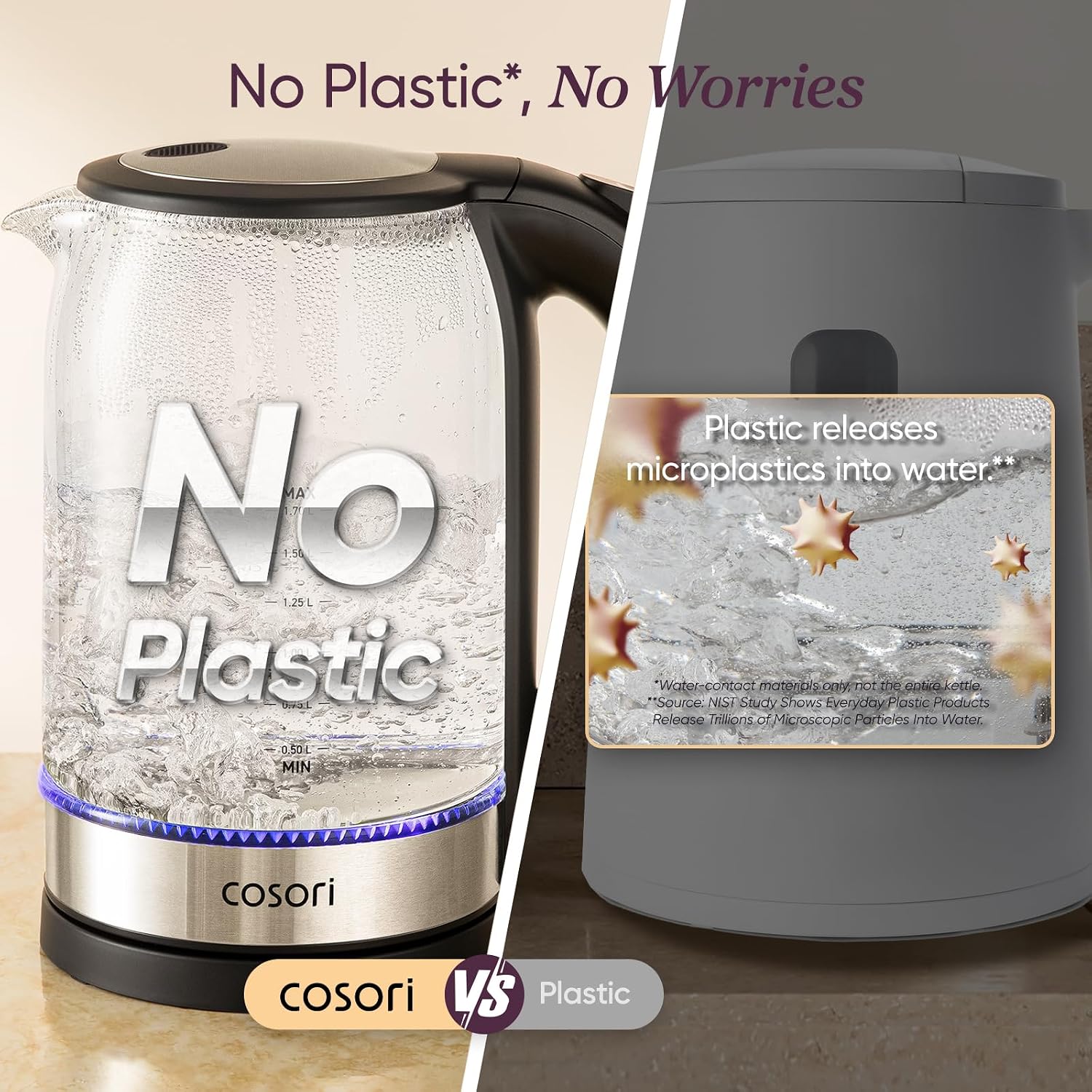 Cosori Electric Kettle, No Plastic Contact With Water, Wide Mouth For Easy Cleaning, Auto Shut Off, 1.7L Tea Kettle & Hot Water Boiler, Water Heater & Teapot, Borosilicate Glass, Black, 1500W - Image 4