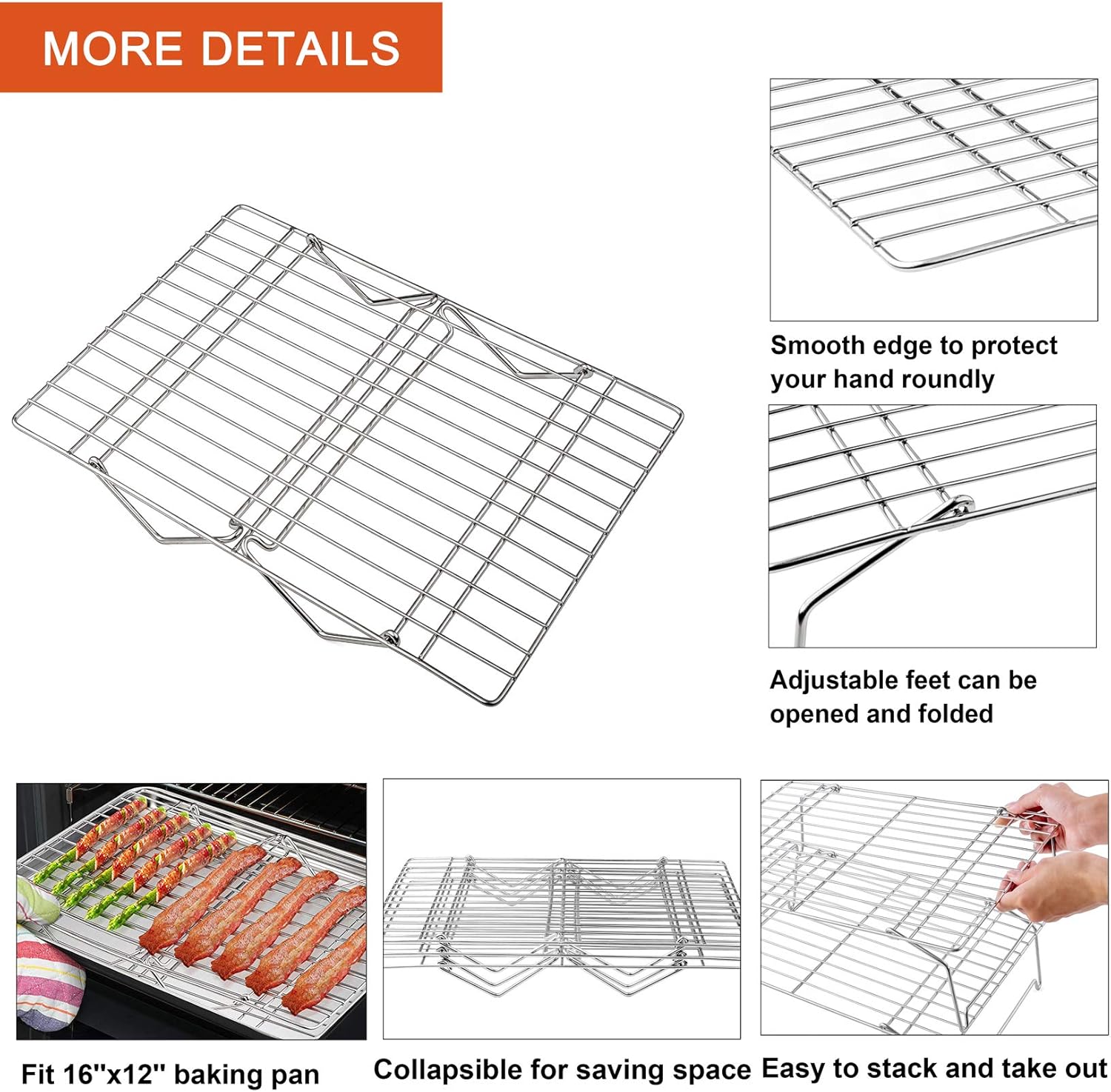 P&P CHEF Cooling Rack, 5-Tier Stainless Steel Stackable Baking Cooking Racks for Cooling Roasting Grilling, Collapsible & Heavy Duty, Oven Safe & Easy Clean, 15" x 10", Silver - Image 3