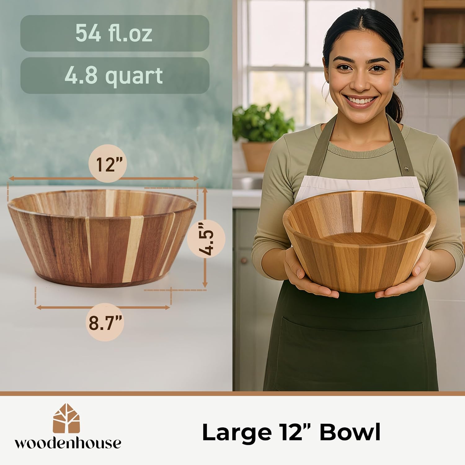 Woodenhouse Wooden Salad Bowl, Salad Bowl, Wooden Bowl - 12" Round Design Fruit Bowl, Handmade, Durable and Stylish Natural Wood Dining Accessory - Image 5