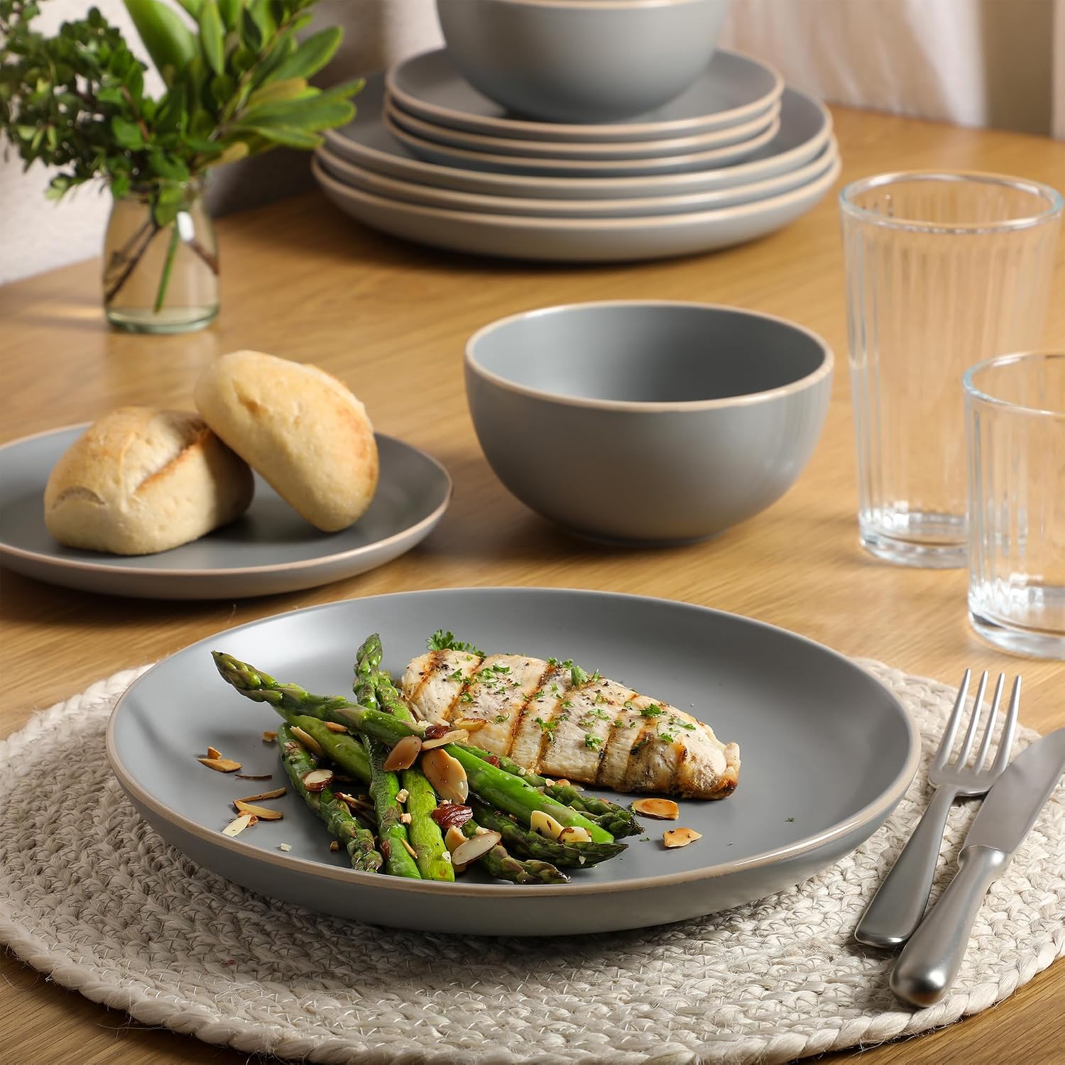 Gibson Home Rockaway 12-Piece Stoneware Dinnerware Set, Matte Finish, Service for 4, Modern Ceramic Plates and Bowls, Microwave & Dishwasher Safe – Soft Gray - Service for 4 - Image 5