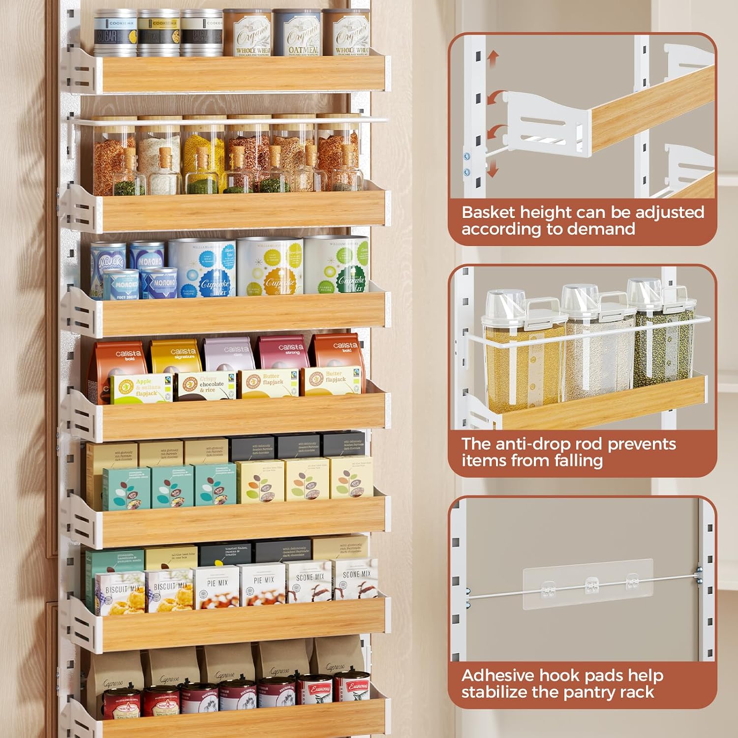 8-Tier Pantry Door Organizer, Over the Door Pantry Organizer with Wooden Adjustable Baskets, 2 IN 1 Spice Rack Wall Mount or Door Organizer, Door Spice Rack for Pantry(72.6×17.1×5.1in,White) - Image 4