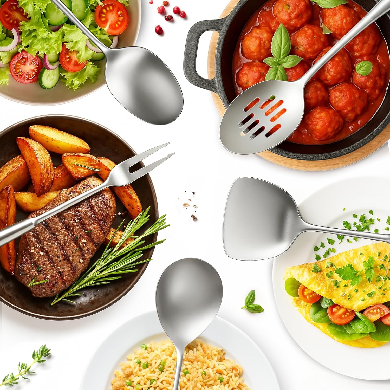Newness 9 Pcs Cooking Utensils Set, 304 Stainless Steel Kitchen Utensils Set, Metal Kitchen Accessories, Include Soup Ladle, Slotted Skimmer Spoon, Spaghetti Spoon and Spatula, Dishwasher Safe - Image 8