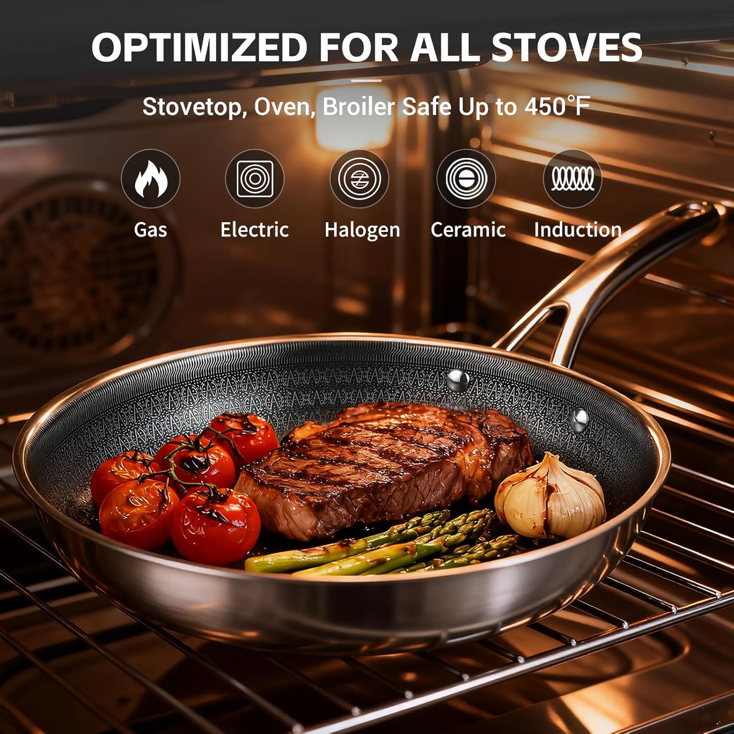 Ammeloo 17 Pcs Nonstick Stainless Steel Cookware Set, Hybrid Stainless Steel Pots and Pans Set Non Stick, Non Toxic Kitchen Cookware Sets, Dishwasher & Oven Safe, Induction & All Cooktop Compatible - Image 5