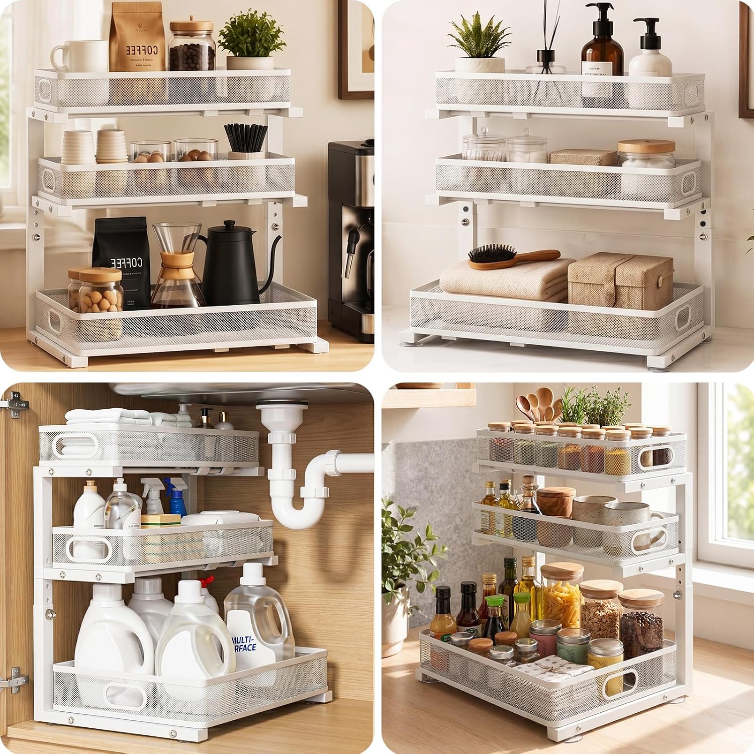 Under Sink Organizer, 3 Tier Pull Out Cabinet Organizer with 5 Adjustable Heights, Metal Under Sink Storage with Sliding Drawers for Kitchen, Bathroom, Pantry and Laundry Room, 2-Pack White - Image 9