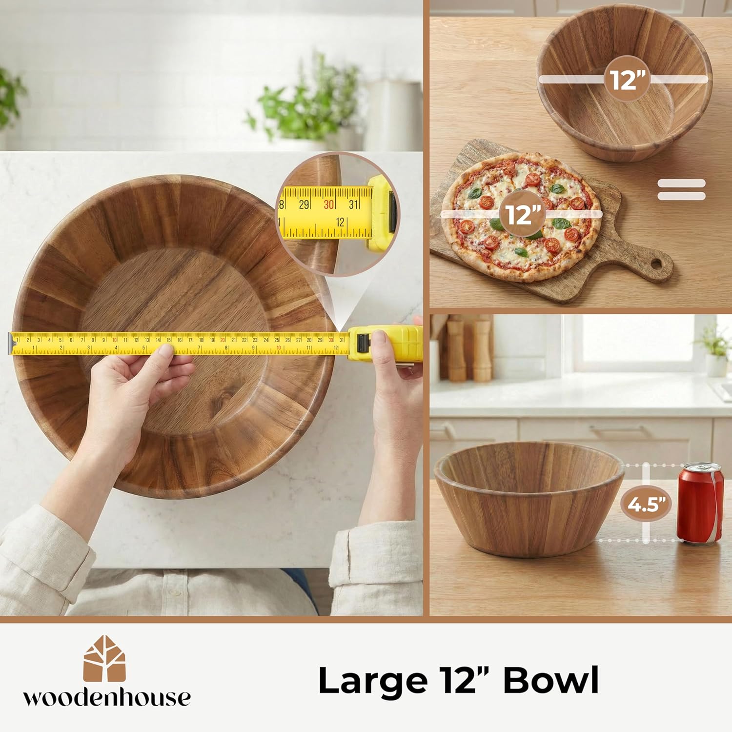 Woodenhouse Wooden Salad Bowl, Salad Bowl, Wooden Bowl - 12" Round Design Fruit Bowl, Handmade, Durable and Stylish Natural Wood Dining Accessory - Image 2
