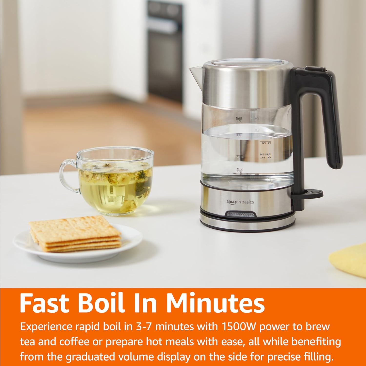 Amazon Basics Electric Kettle with Glass Carafe for Tea and Coffee, Fast Boiling, Auto Shut-Off, Boil-Dry Protection, Temperature Control, Removable Filter, 1 Liter, 1500W, BPA-Free - Image 5
