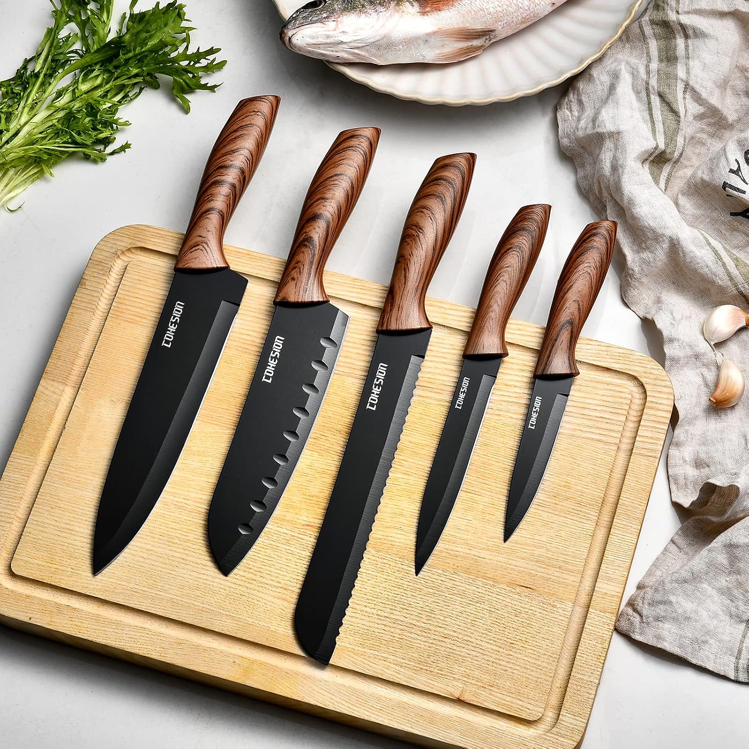 Cohesion 5 PCS Kitchen Knife Set with Magnetic Knife Holder for Wall, Ultra Sharp Chef Boxed Knife Set With Sheathes for Multipurpose Cooking with Ergonomic Handle - Image 5