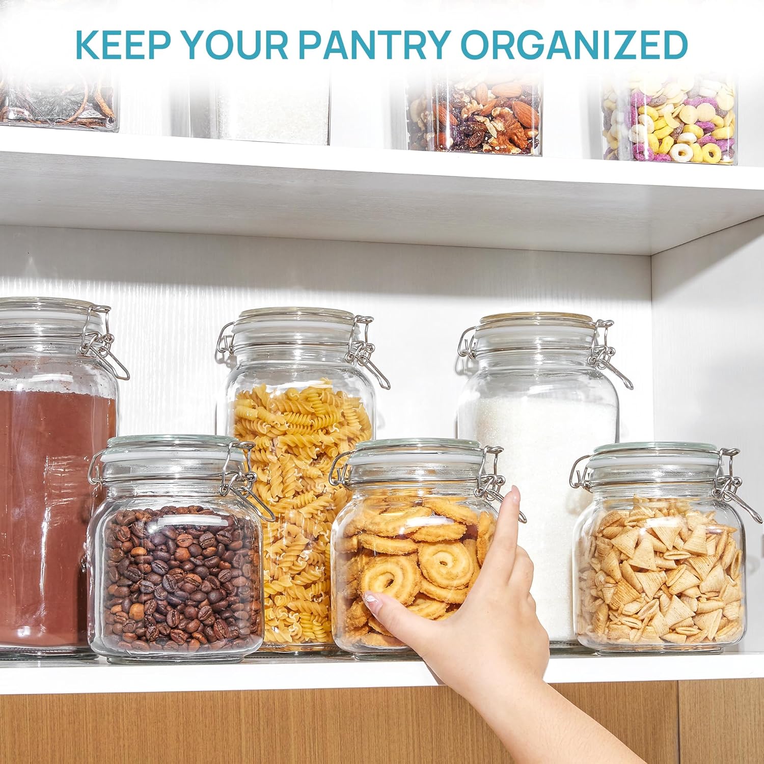 Vtopmart 78oz Glass Food Storage Jars with Airtight Clamp Lids, 3 Pack Large Kitchen Canisters for Flour, Sugar, Cereal, Coffee, Pasta and Canning, Square Mason Jars with 8 Reusable Labels - Image 5