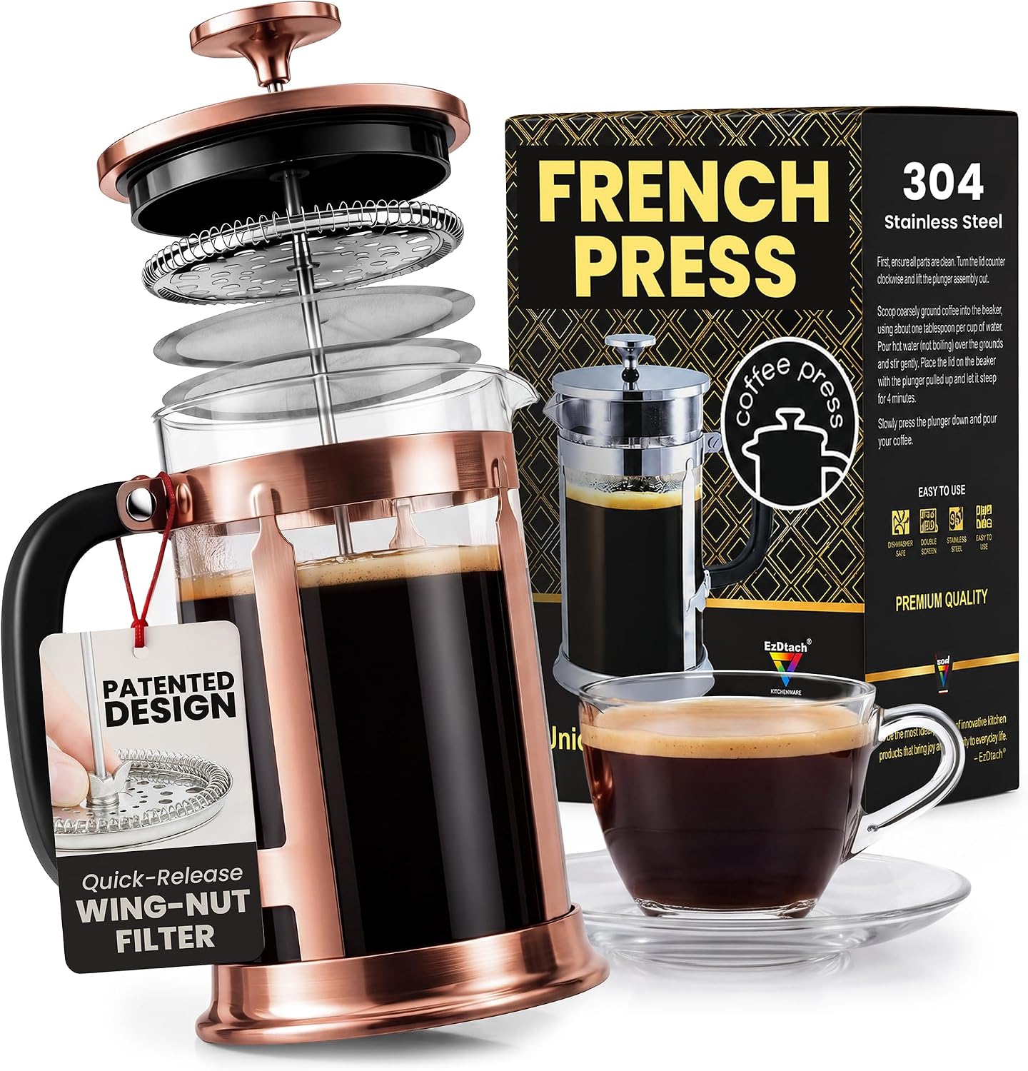 EzDtach Glass French Press Coffee Maker 34oz Copper – Double Filter Borosilicate Glass Pot with 304 Stainless Steel Coffee Press and 2 Extra Screen, Easy to Use and Clean Design for Full-Bodied Flavor