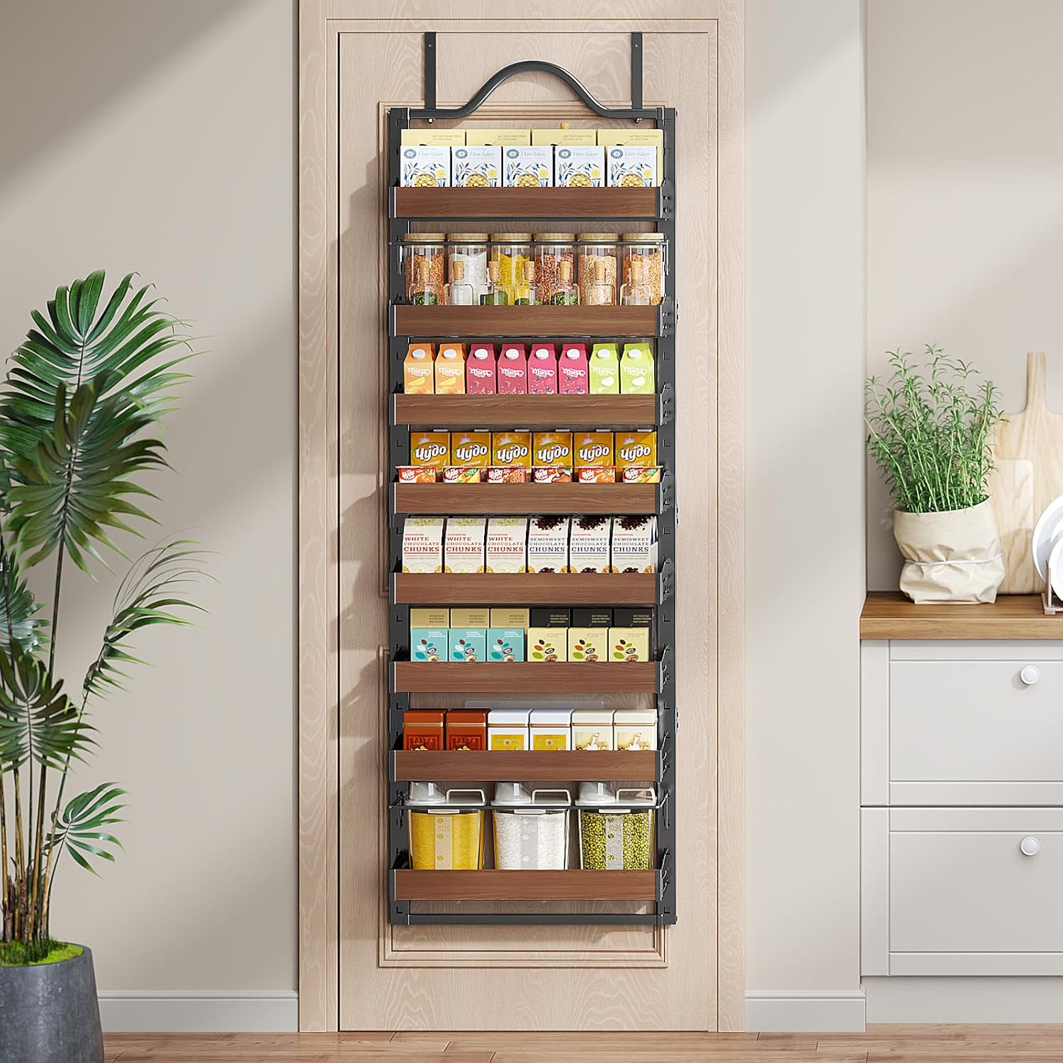 8-Tier Pantry Door Organizer, Over the Door Pantry Organizer with Wooden Adjustable Baskets, 2 IN 1 Spice Rack Wall Mount or Door Organizer, Door Spice Rack for Pantry(72.6×17.1×5.1in,Black) - Image 7