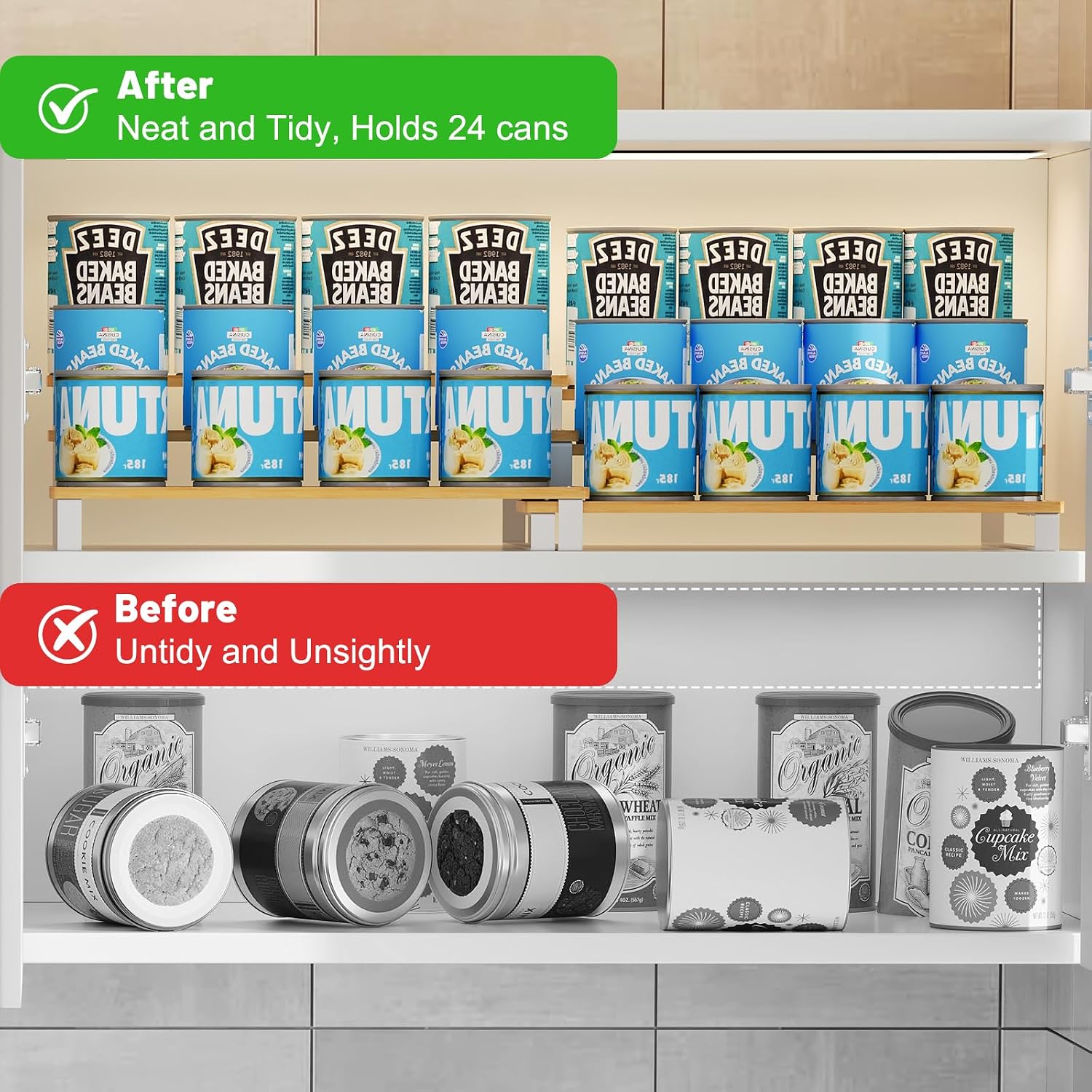 Expandable Can Organizer for Pantry, 3-Tier Adjustable Bamboo & Iron Can Rack for Cabinets, Easy-Access Storage for Canned Goods, Holds Up to 30 Soda & Soup Cans, White - Image 8