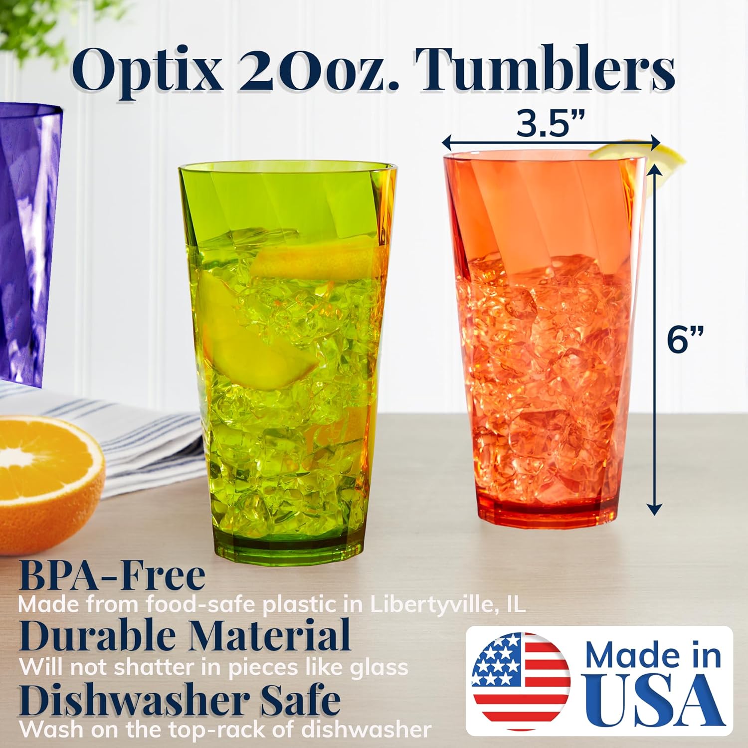 US Acrylic Optix Plastic Reusable Drinking Glasses (Set of 8) 20oz Water Cups in Jewel Tone Colors | BPA-Free Tumblers, Made in USA | Top-Rack Dishwasher Safe - Image 2