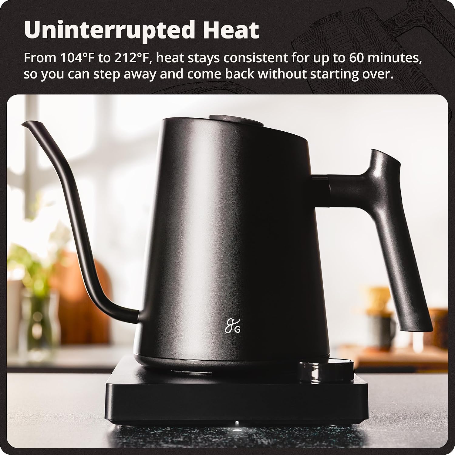 Greater Goods Electric Gooseneck Kettle, 1200W Stainless Steel with Precision Temperature Control, Fast Boil, BPA-Free, Ideal for Pour Over Coffee and Tea, 0.8L (Onyx Black) - Image 2