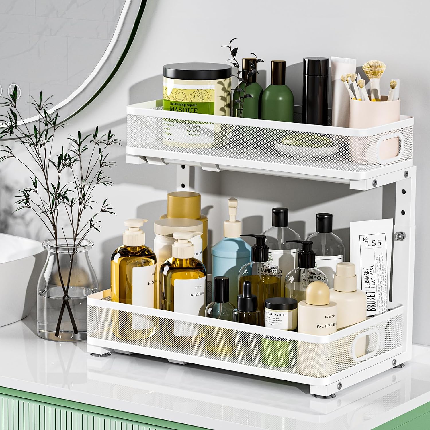 Under Sink Organizer 2 Pack, High Adjustable 2 Tier Under Sink Organizers and Storage, Slide out Metal Cabinet Organizers, Pull out Storage Drawer Shelf for Kitchen Bathroom Cabinet (White) - Image 8