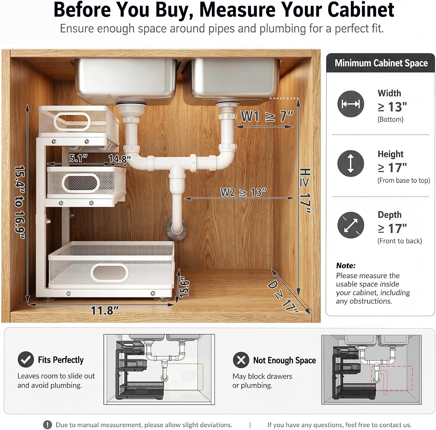 Under Sink Organizer, 3 Tier Pull Out Cabinet Organizer with 5 Adjustable Heights, Metal Under Sink Storage with Sliding Drawers for Kitchen, Bathroom, Pantry and Laundry Room, 2-Pack White - Image 2