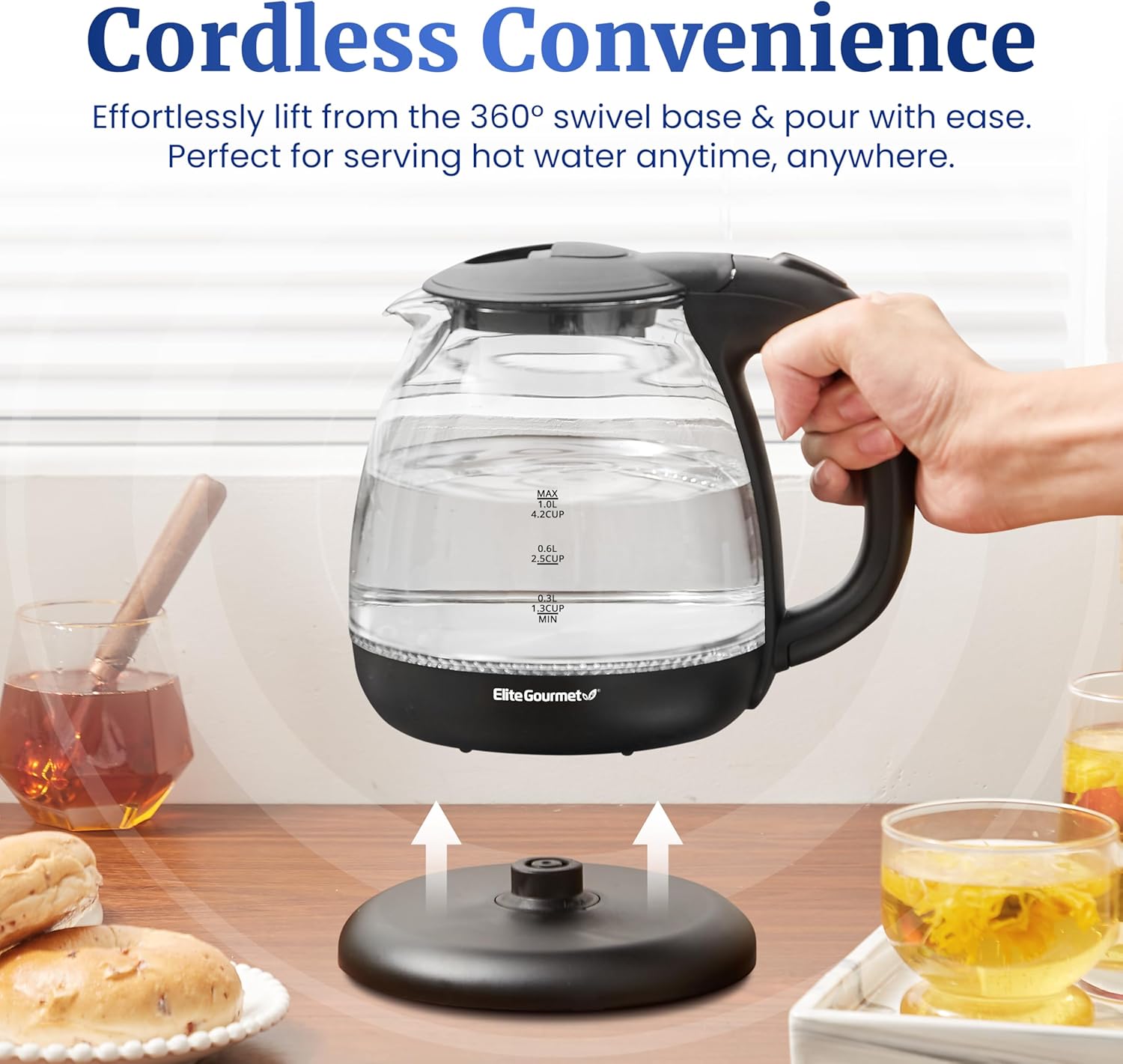 Elite Gourmet EKT1001 Electric 1.0L BPA-Free 1100W Glass Kettle Cordless 360° Base, Stylish Blue LED Interior, Handy Auto Shut-Off Function – Quickly Boil Water For Tea & More, Black - Image 3
