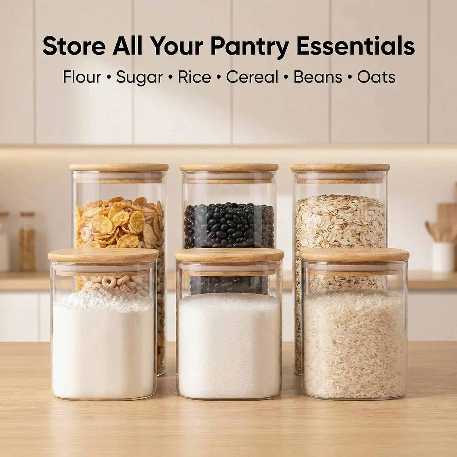 Airtight Glass Storage Containers with Lids Set of 6, 25 /37 /50oz Square Glass Jars with Bamboo Lids, Kitchen Canister Set for Pantry Organization Food Storage for Flour Sugar Rice Pasta Cereal - Image 4