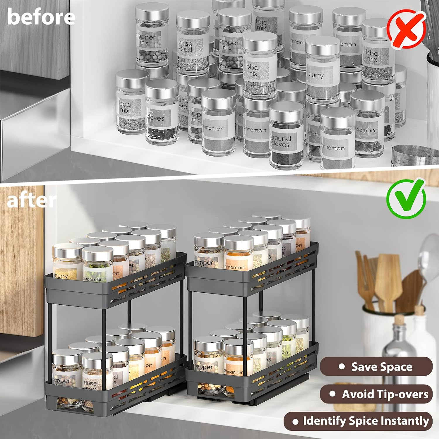 Pull Out Spice Rack Organizer for Cabinet, 3 Packs Slide Out Spice Racks Organizer, Spice Cabinet Organizers, Cabinet Size Need:12'' Highx11'' Deepx5'' Wide,Each Tier Hold 10 Spice Jar - 2 Tier, Black - Image 6
