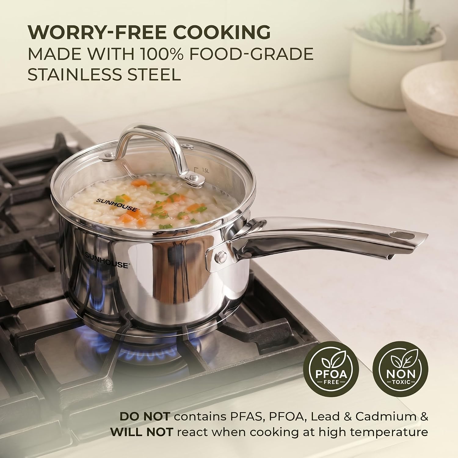 Sunhouse 2 QT Stainless Steel Sauce Pan with Lid, Small Pot for Cooking, PFOA-Free, Advanced Impact Bonding Induction Base Mini Saucepan, Compatible with Induction, Ceramic, Gas - Image 3