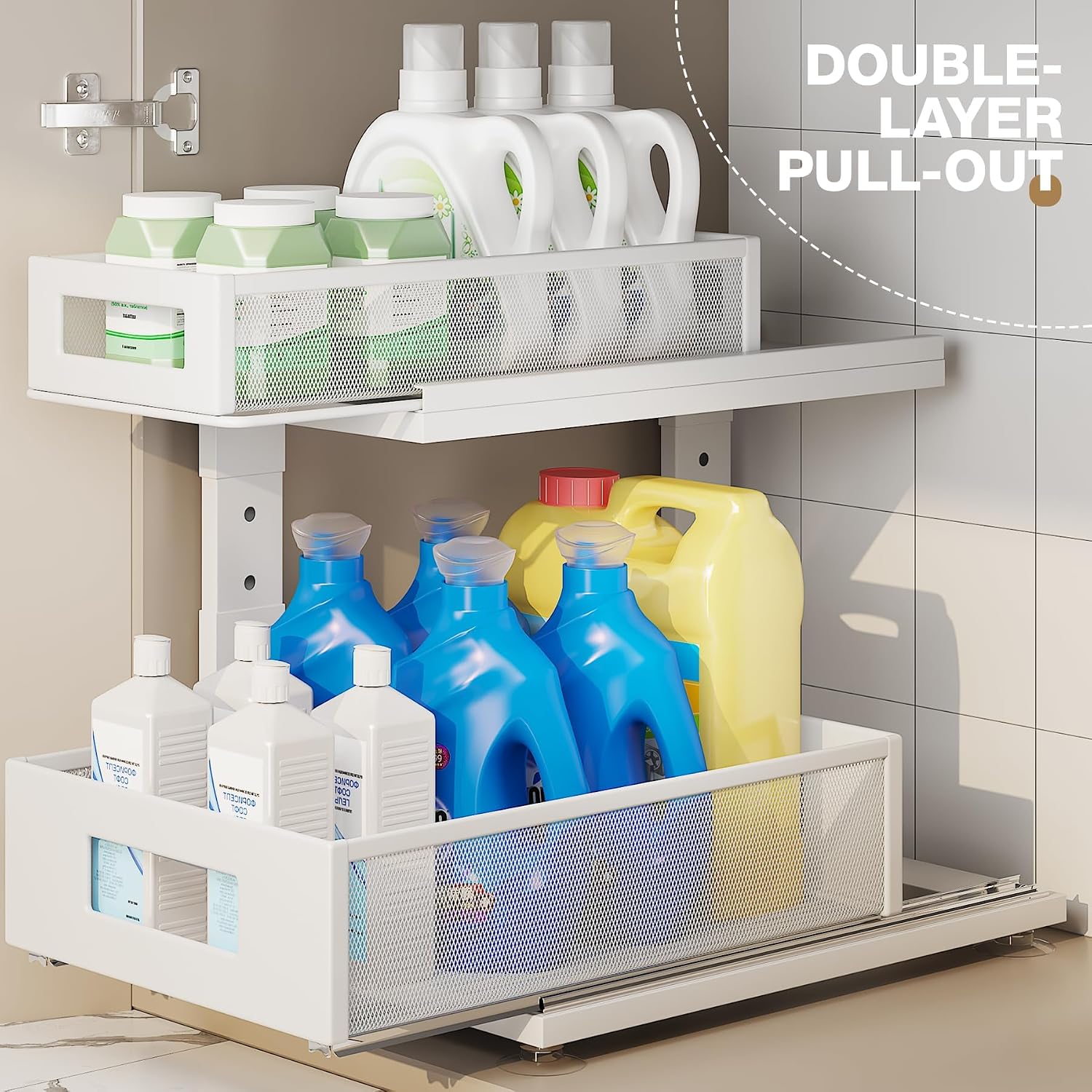 2 Pack Under Sink Organizer With Next-Gen Ball-Bearing Slides,2-Tier Pull Out Cabinet Storage,Height Adjustable Drawer Shelf for Bathroom,Kitchen,Laundry,Cabinet,Pantry(Patent Pending) - Image 4