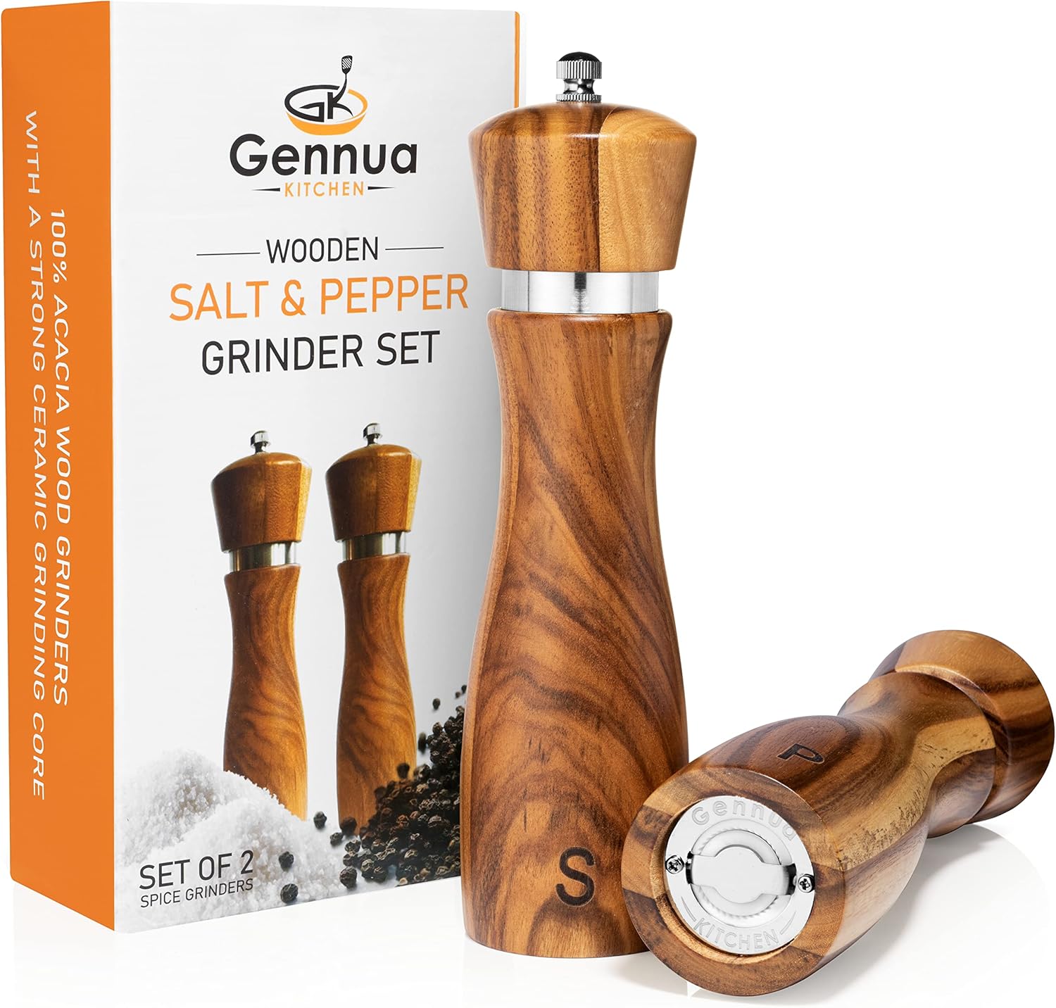 Gennua Kitchen Wooden Salt and Pepper Grinder Set: Refillable Salt & Pepper Mills Adjust for Customized Coarseness, Crafted of Solid Acacia Wood with Ceramic/Stainless Steel Core, 8 Inches Each - Image 2