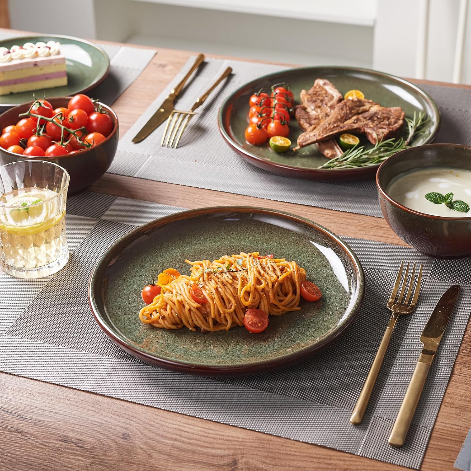Pokini Stoneware Dinnerware Sets Service for 4, 12 pcs Reactive Glaze Plates and Bowls Sets, Handmade Ceramic Dish Set, Highly Chip and Crack Resistant Modern Plate Set, Brown Green - Image 6