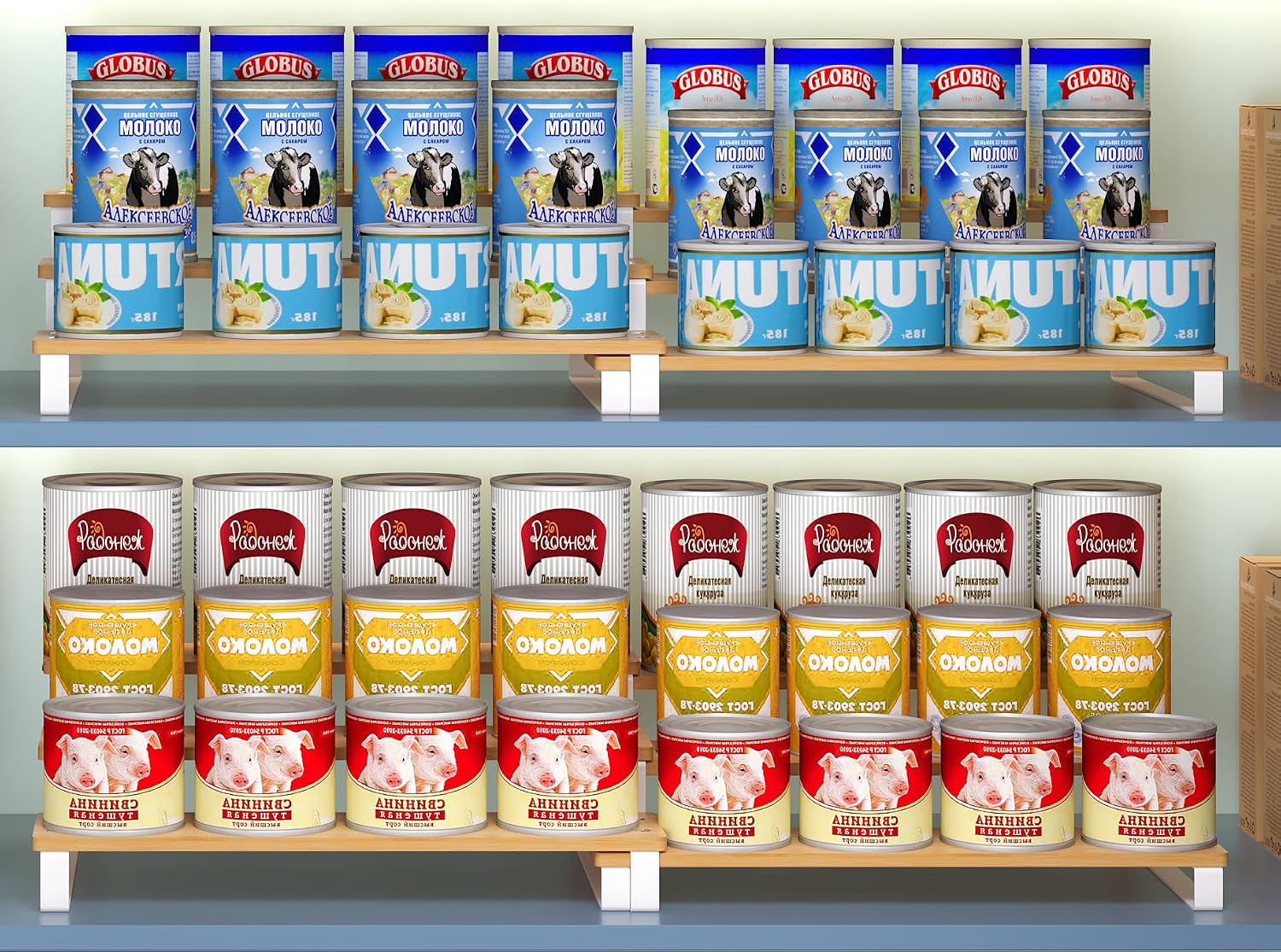Expandable Can Organizer for Pantry, 3-Tier Adjustable Bamboo & Iron Can Rack for Cabinets, Easy-Access Storage for Canned Goods, Holds Up to 30 Soda & Soup Cans, White