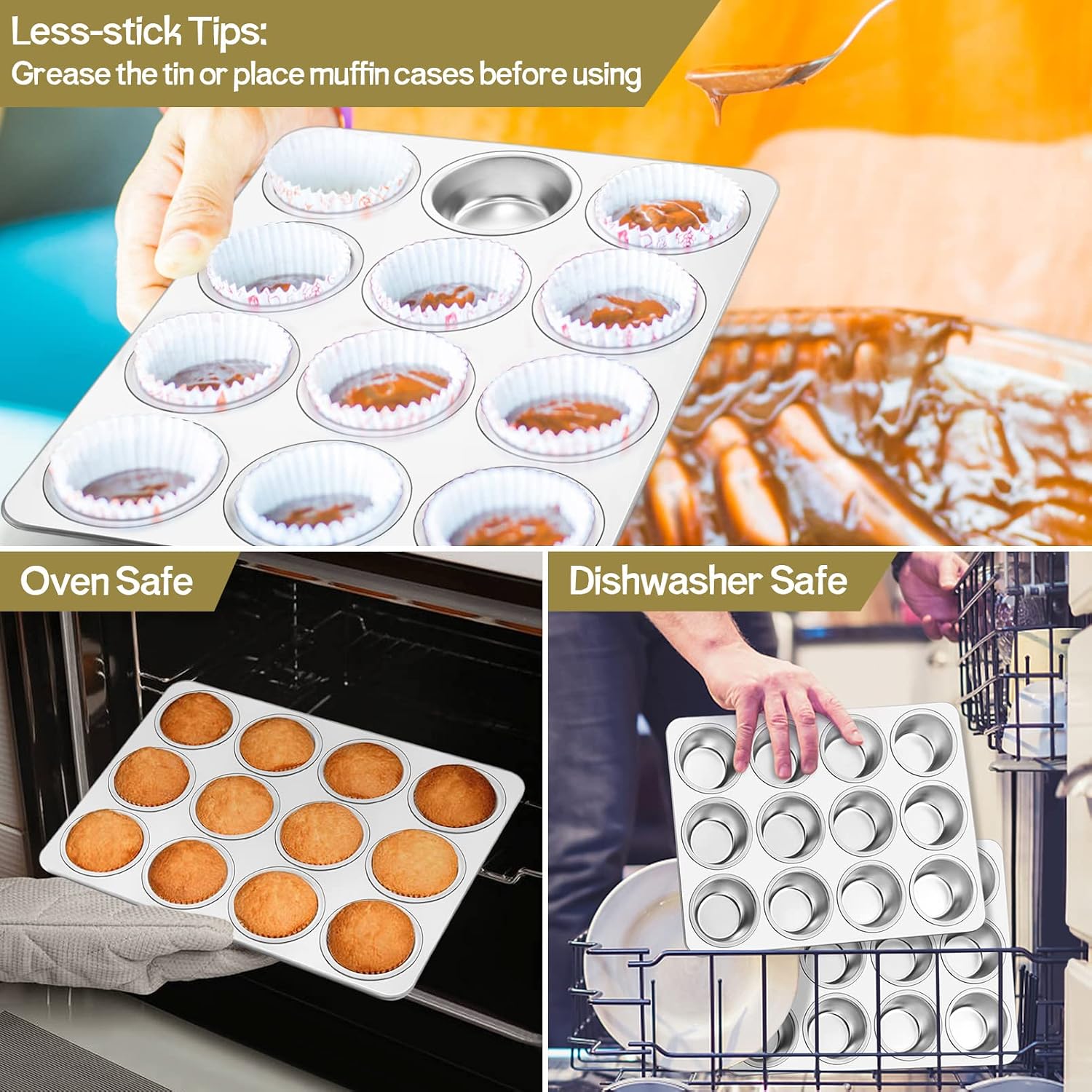TeamFar 12-Cup Muffin Pan, Stainless Steel Muffin Tin Metal Cupcake Baking Pan for Oven, Regular Size & Non Toxic, Easy Clean & Dishwasher Safe - Image 4