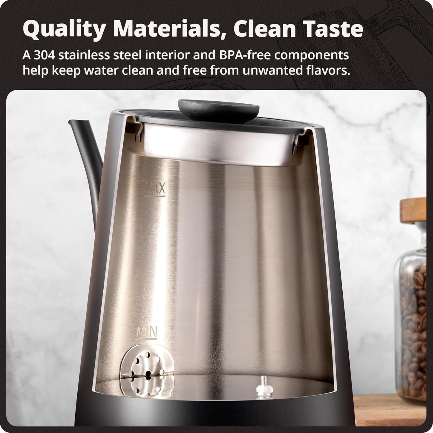 Greater Goods Electric Gooseneck Kettle, 1200W Stainless Steel with Precision Temperature Control, Fast Boil, BPA-Free, Ideal for Pour Over Coffee and Tea, 0.8L (Onyx Black) - Image 8