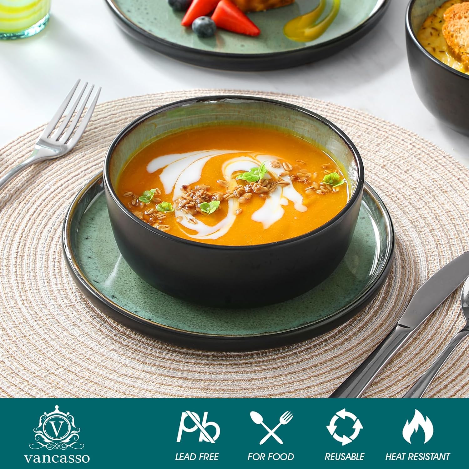 vancasso Plates and Bowls Sets, 24 Pieces Stoneware Dinnerware Sets for 8, Kitchen Dish Set Mircowave and Dishwasher Safe Ceramic Dishware, Turf Green, Series AMBER - Image 5