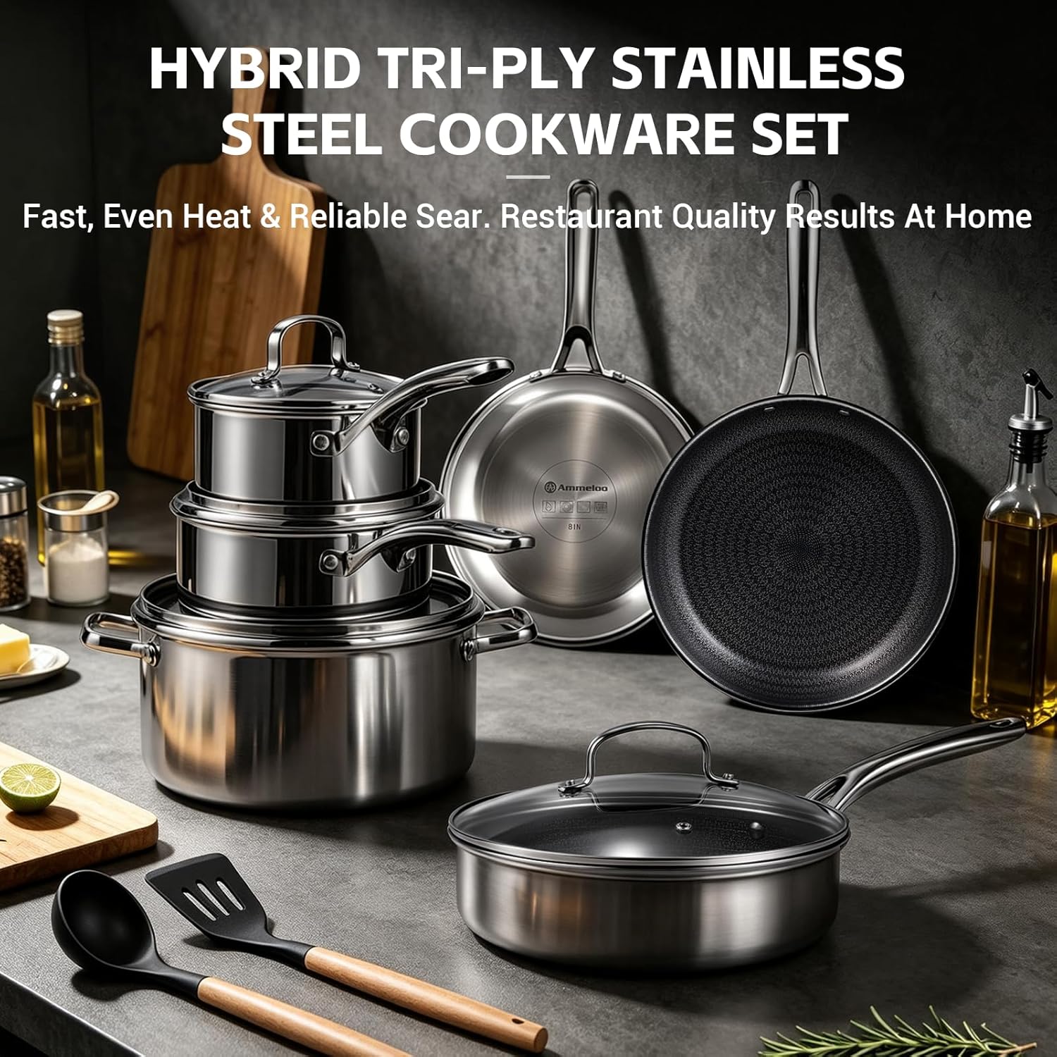 Ammeloo 17 Pcs Nonstick Stainless Steel Cookware Set, Hybrid Stainless Steel Pots and Pans Set Non Stick, Non Toxic Kitchen Cookware Sets, Dishwasher & Oven Safe, Induction & All Cooktop Compatible - Image 9