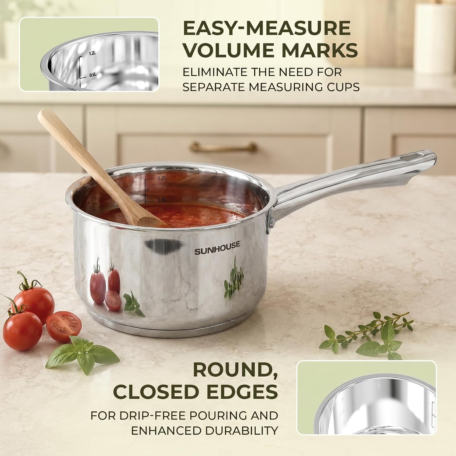 Sunhouse 1.5 QT Stainless Steel Sauce Pan with Lid, Small Pot for Cooking, PFOA-Free, Advanced Impact Bonding Induction Base Mini Saucepan, Compatible with Induction, Ceramic, Gas - Image 8