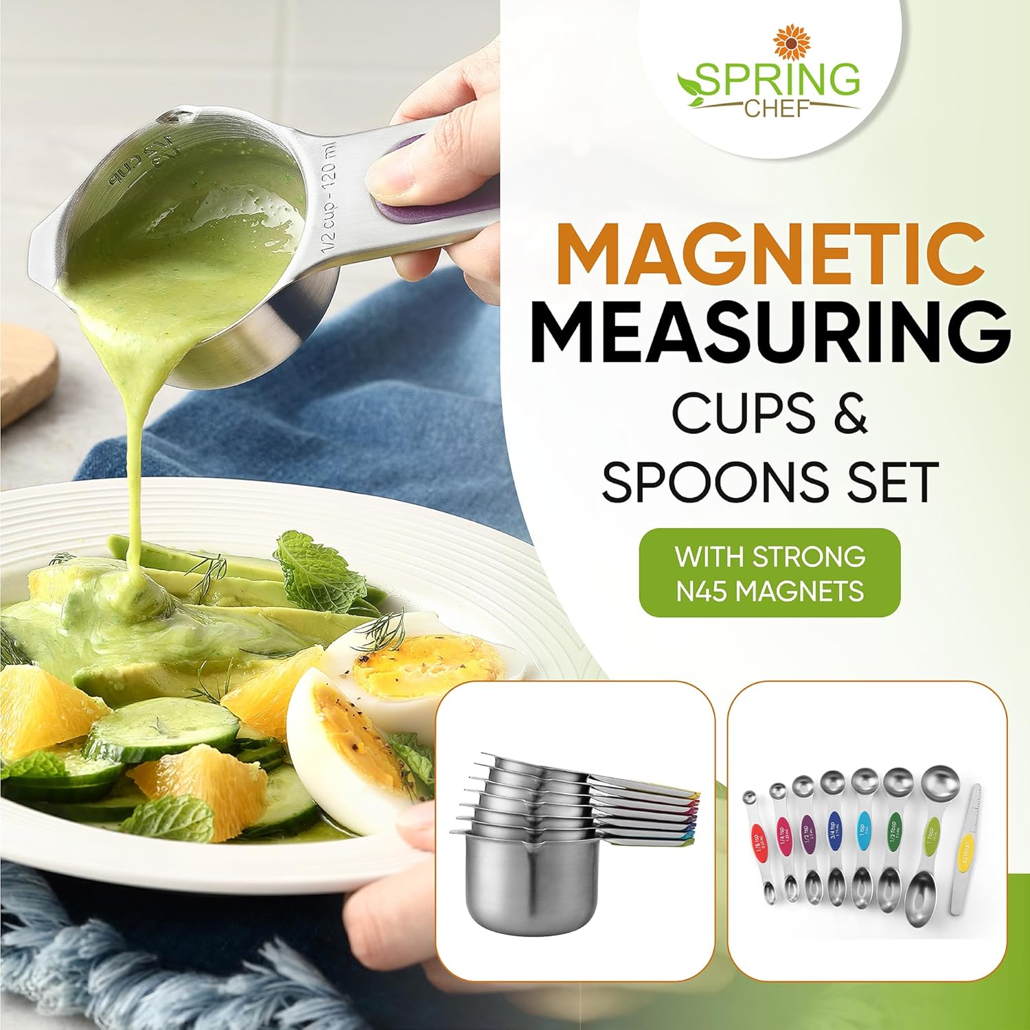 Spring Chef Magnetic Measuring Cups & Spoons Set, Patented, Strong N45 Magnets, Heavy Duty Stainless Steel Fits in Spice Jars for Baking & Cooking, BPA Free, Set of 15 with Leveler, Multicolor - Image 3